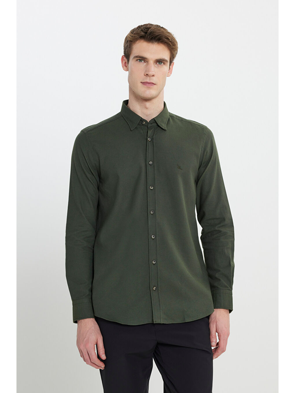 Erkek Haki %100 Pamuk Flanel Slim Fit Dar Kesim Gizli Düğmeli Yaka Gömlek