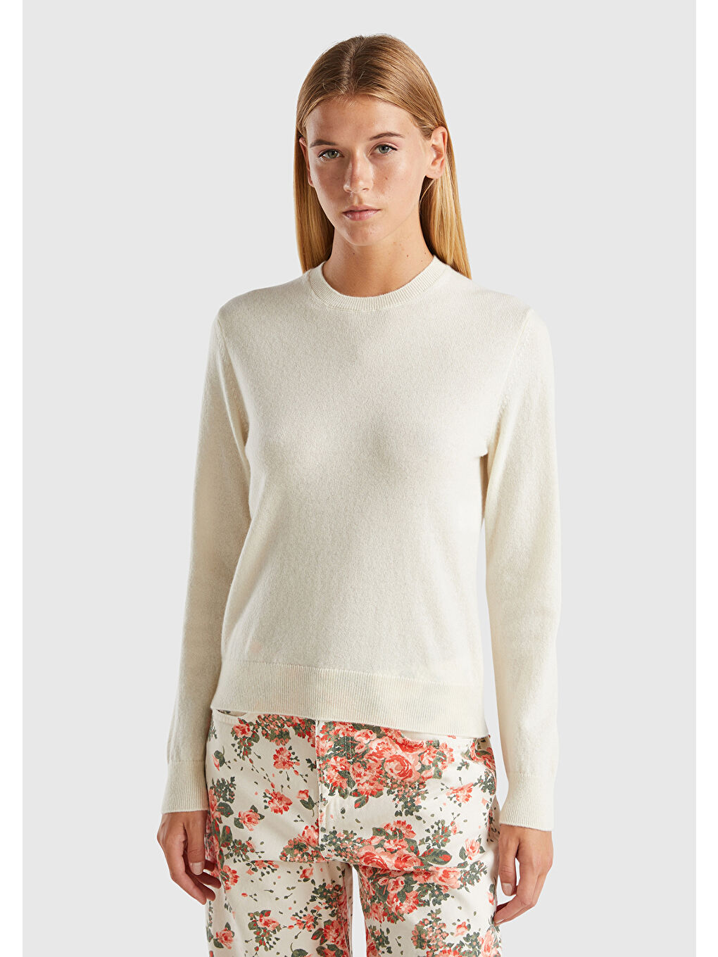 Ekru Kadın Krem %100 Kaşmir Yuvarlak Yaka Düz Kazak