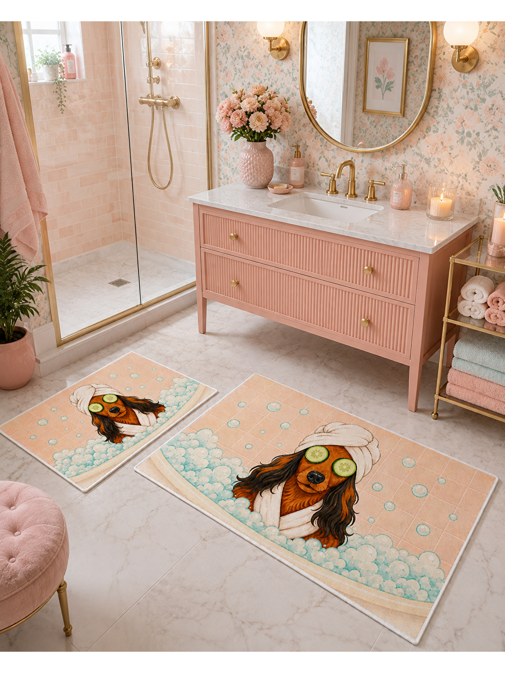 Karışık Pembe Köpek Desenli Kaymaz Taban Banyo Paspası 2’li Set Pastel Çocuk Banyo Halısı-6