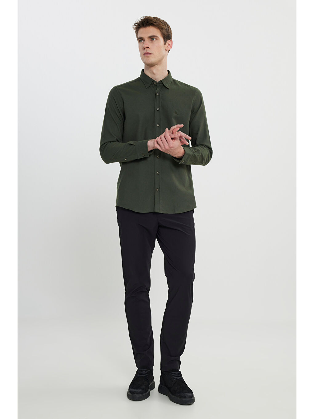 Erkek Haki %100 Pamuk Flanel Slim Fit Dar Kesim Gizli Düğmeli Yaka Gömlek-1