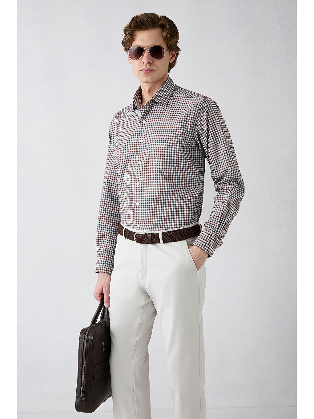 Kahverengi Uzun Kol Regular Fit Cepli Ekose Pamuklu Kolay Ütülenebilir Gömlek-6