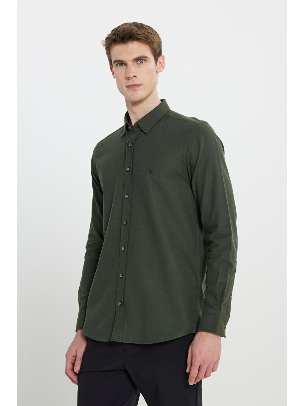 Erkek Haki %100 Pamuk Flanel Slim Fit Dar Kesim Gizli Düğmeli Yaka Gömlek-2