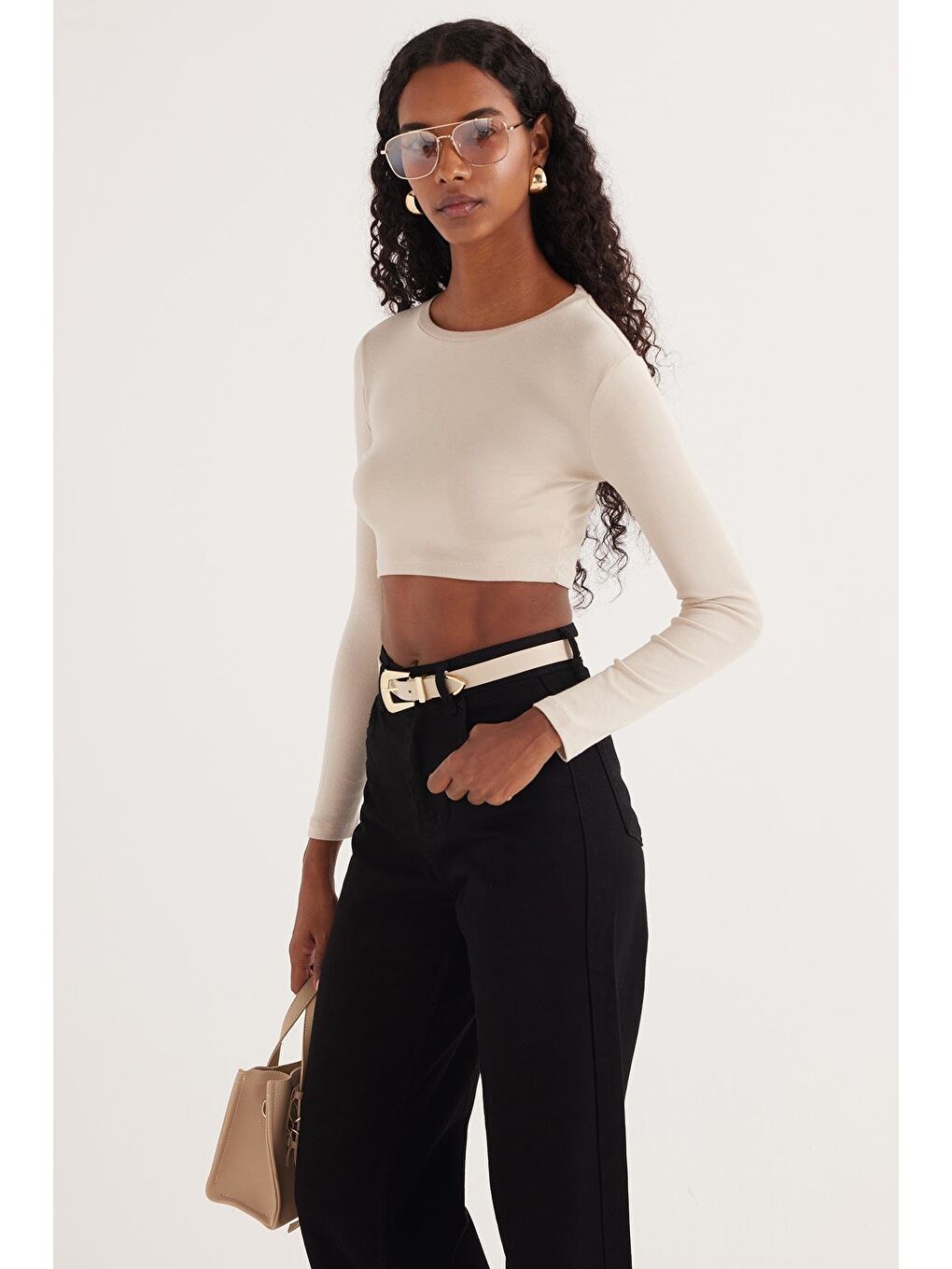 Bej Kadın Slim Fit Modal Kumaş Pamuklu Bisiklet Yaka Taş Bluz-5