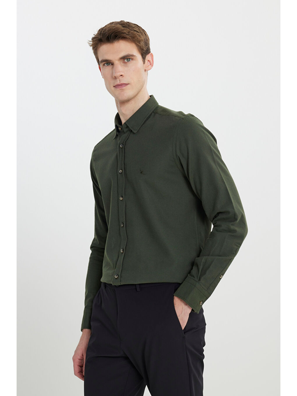 Erkek Haki %100 Pamuk Flanel Slim Fit Dar Kesim Gizli Düğmeli Yaka Gömlek-3