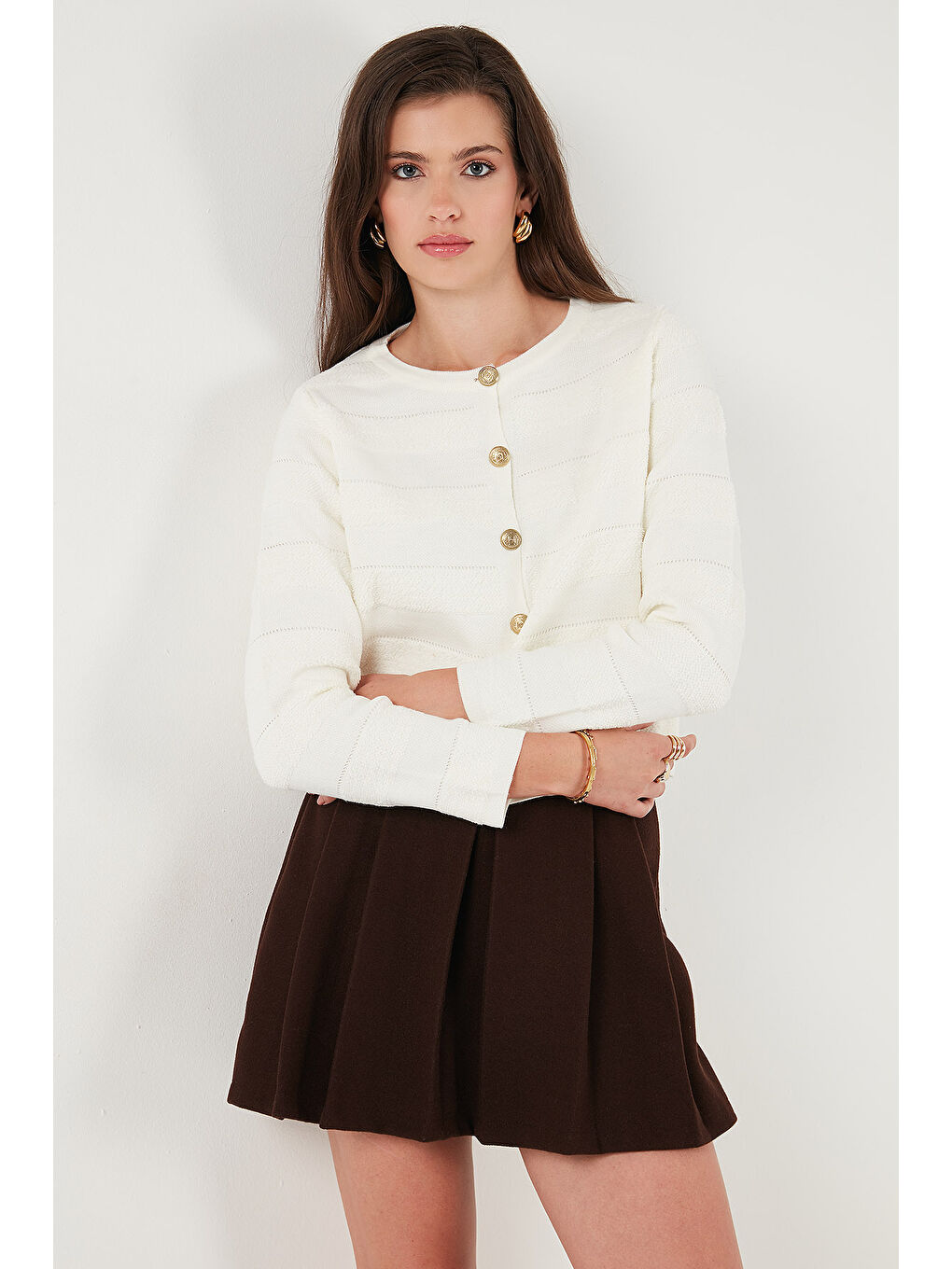 Ekru Premium Regular Fit Bisiklet Yaka Düğmeli Dokulu Triko Hırka 680HI00337-3