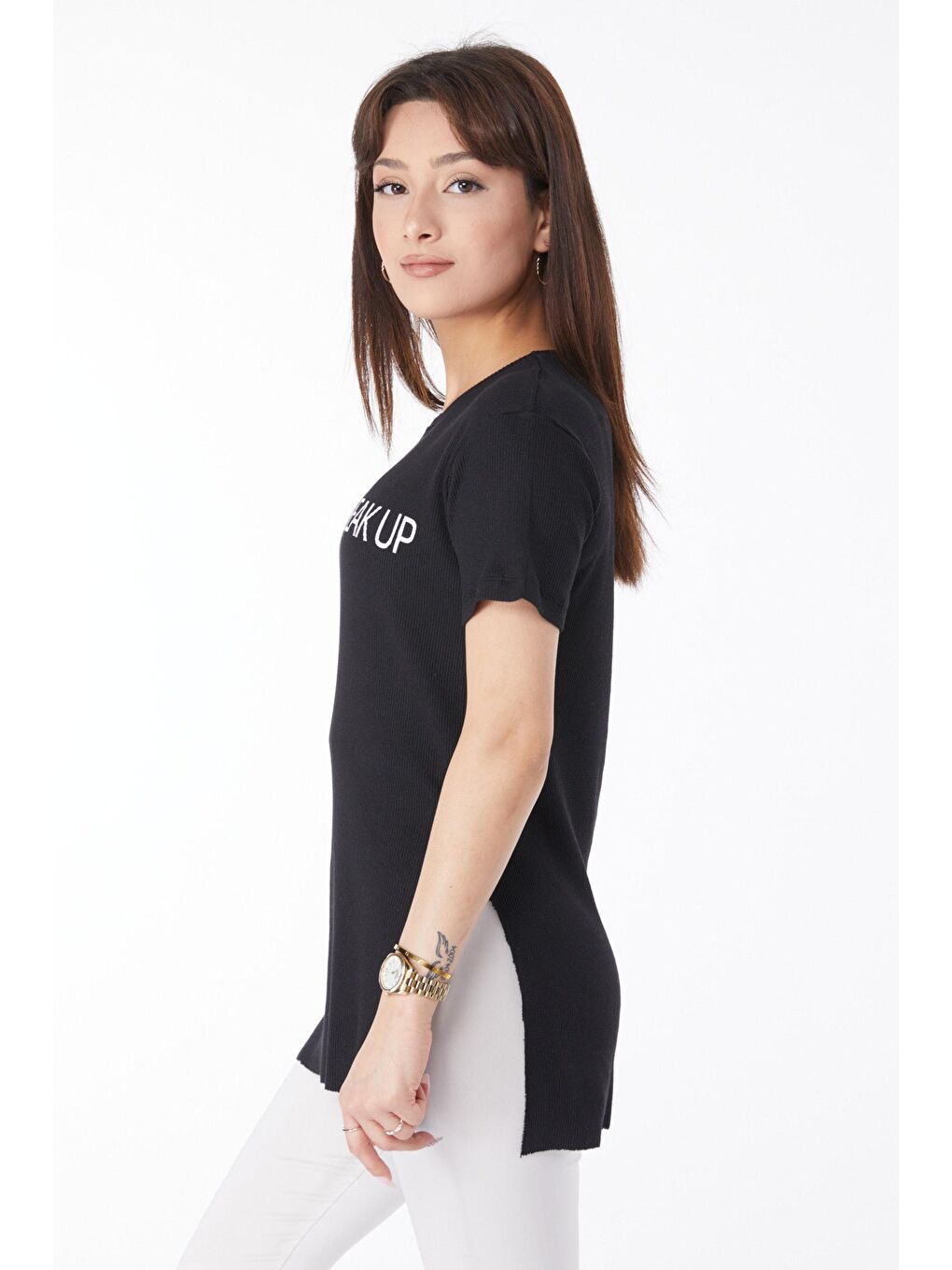 TOFİSA Siyah Düz Bisiklet Yaka Kadın Siyah Baskılı Yırtmaçlı T-shirt - 24791 - 3