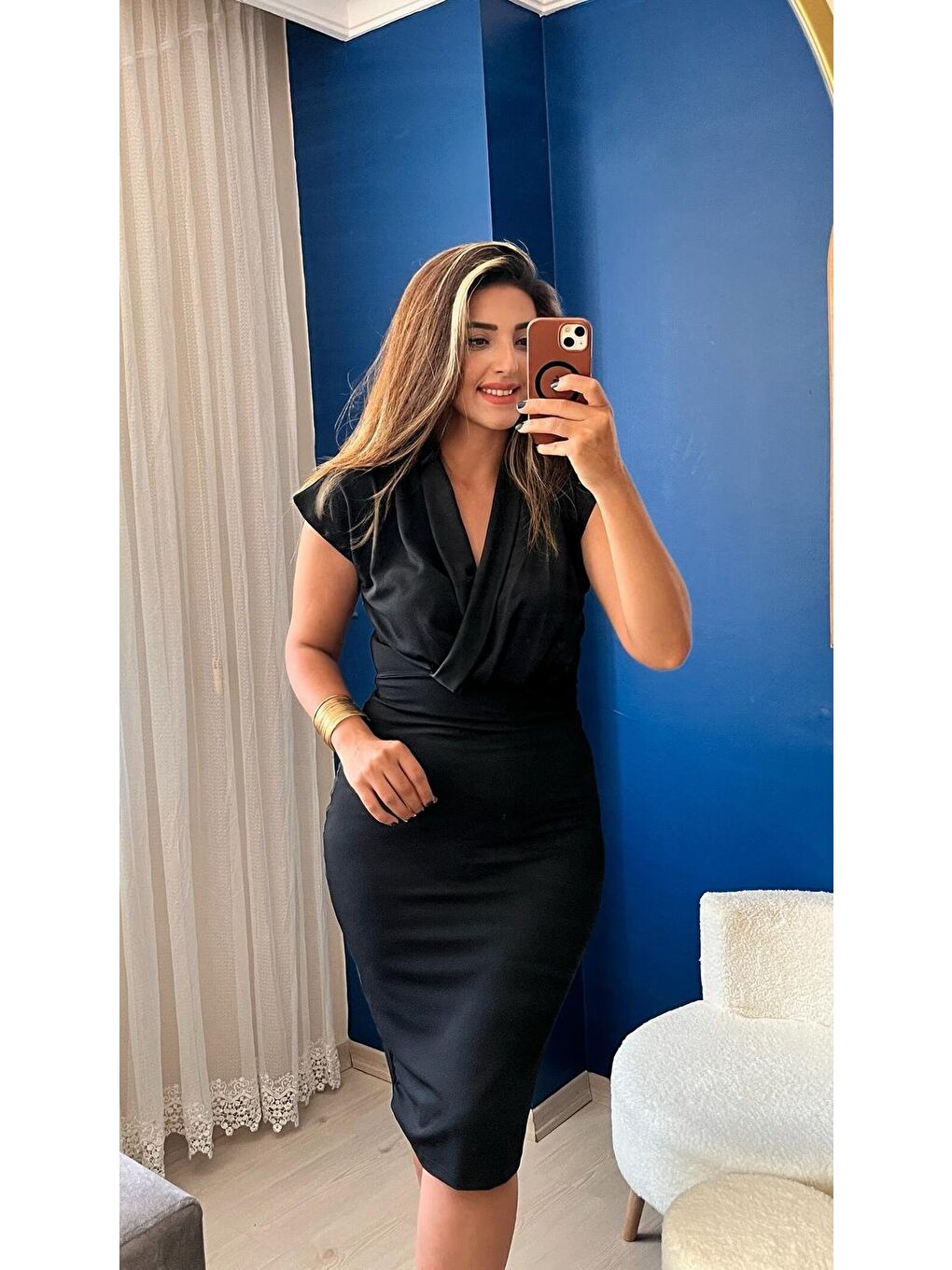 Siyah Kadın Kısa Kollu Kruvaze Yaka Krep Elbise (Kemersiz)-2