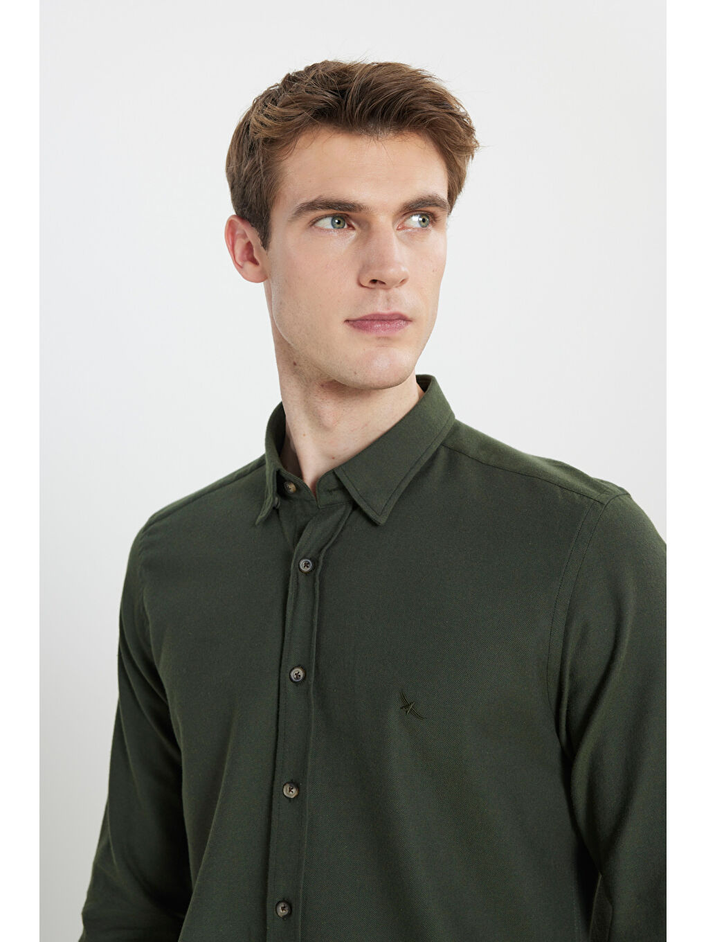 Erkek Haki %100 Pamuk Flanel Slim Fit Dar Kesim Gizli Düğmeli Yaka Gömlek-4