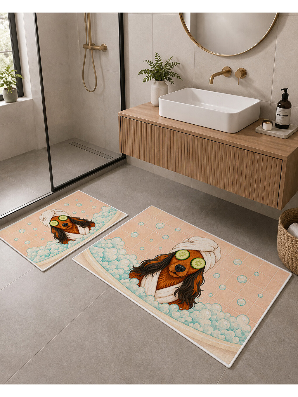 Karışık Pembe Köpek Desenli Kaymaz Taban Banyo Paspası 2’li Set Pastel Çocuk Banyo Halısı-7