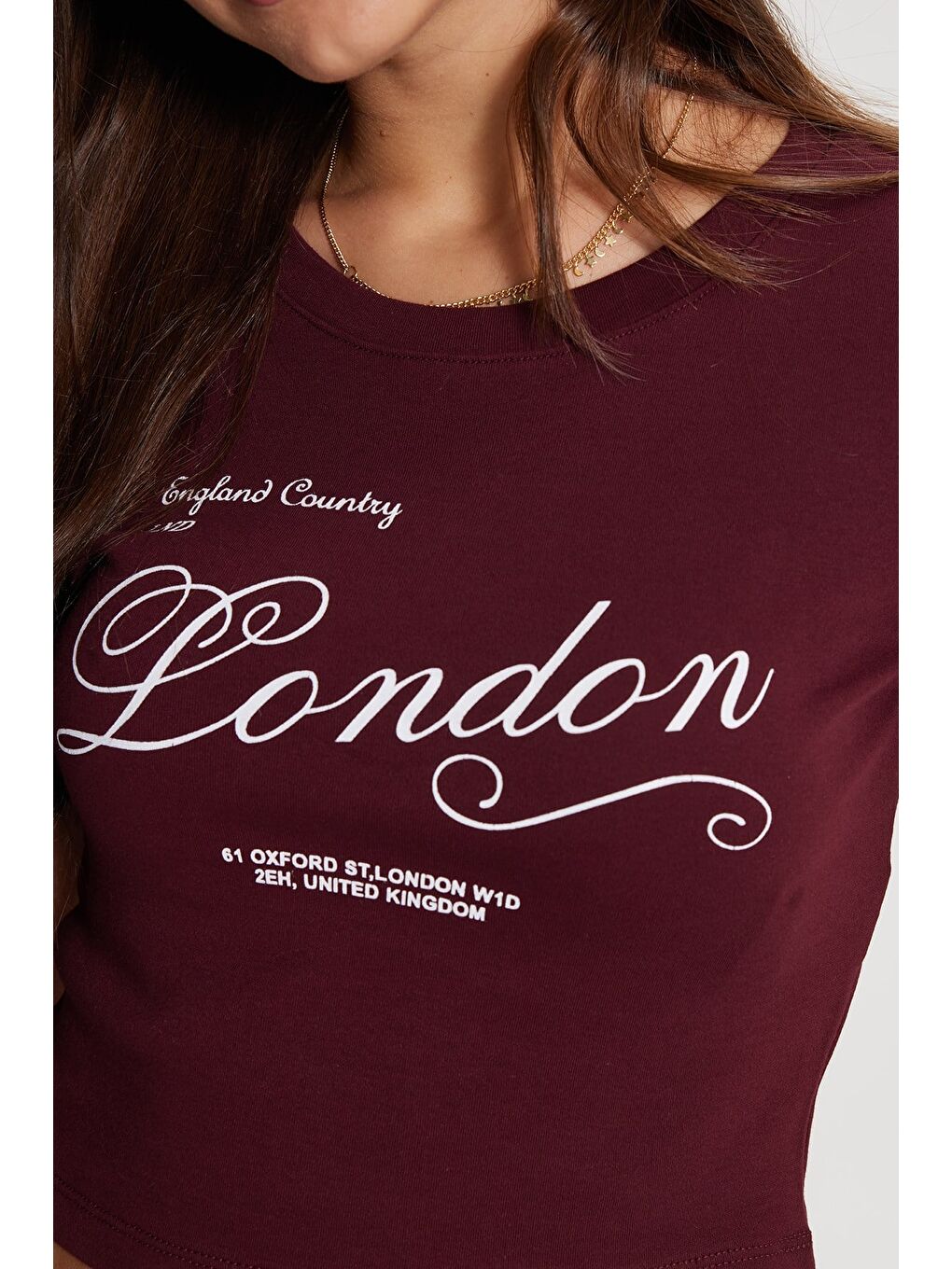 Kadın Slim Fit Dar Kesim %100 Pamuk Bisiklet Yaka Kısa Kollu Baskılı Bordo Crop Tişört-4