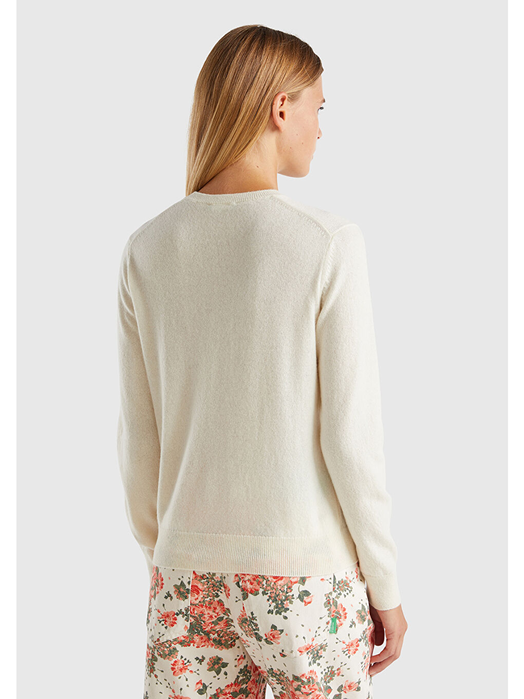 Ekru Kadın Krem %100 Kaşmir Yuvarlak Yaka Düz Kazak-1