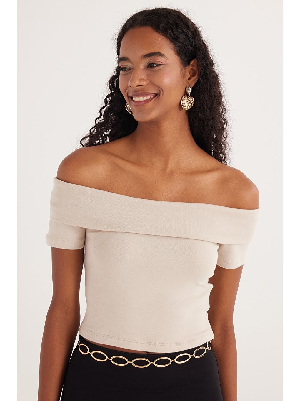 Bej Kadın Standart Fit Normal Kesim Taş Straplez Bluz