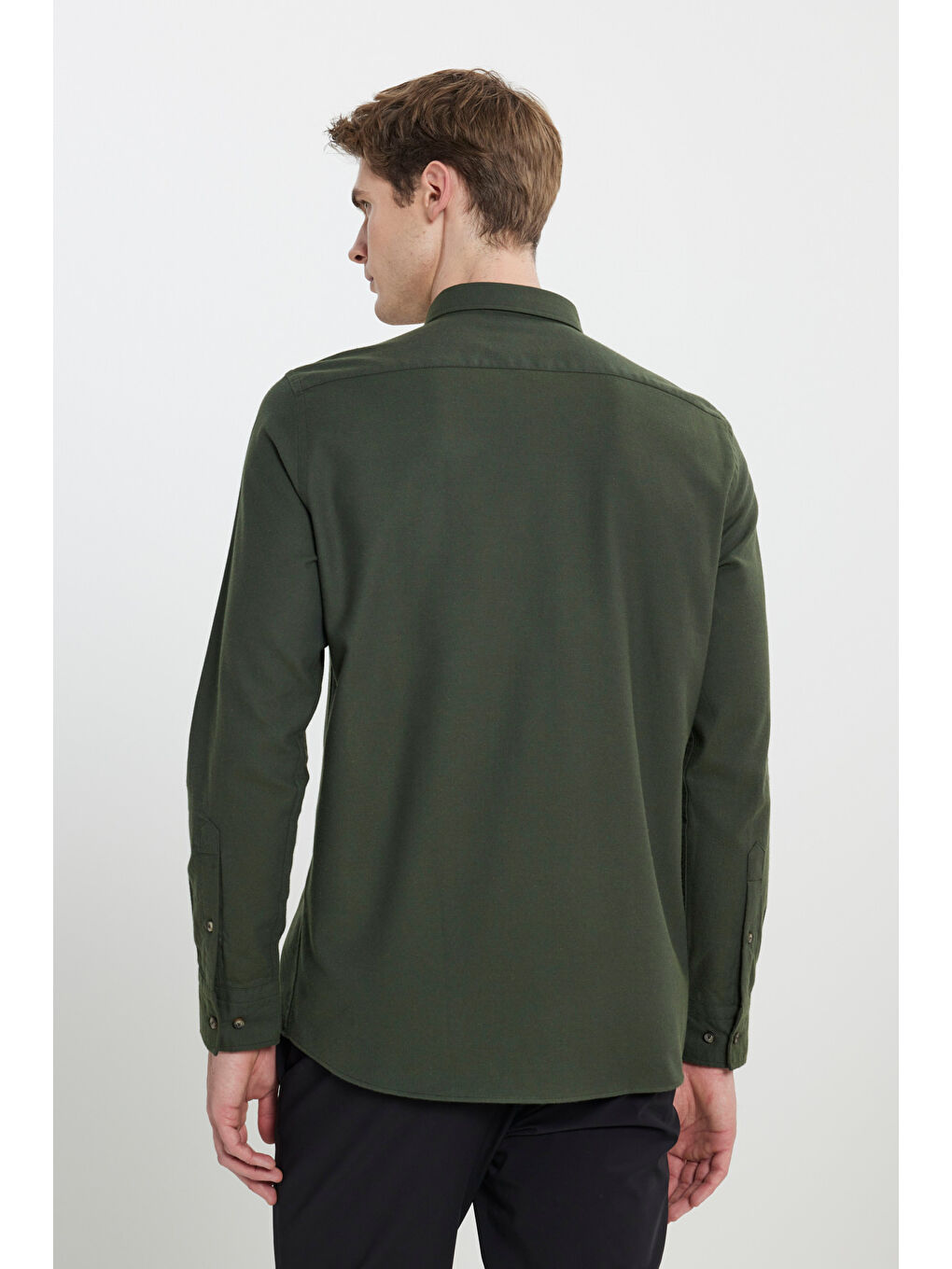 Erkek Haki %100 Pamuk Flanel Slim Fit Dar Kesim Gizli Düğmeli Yaka Gömlek-5