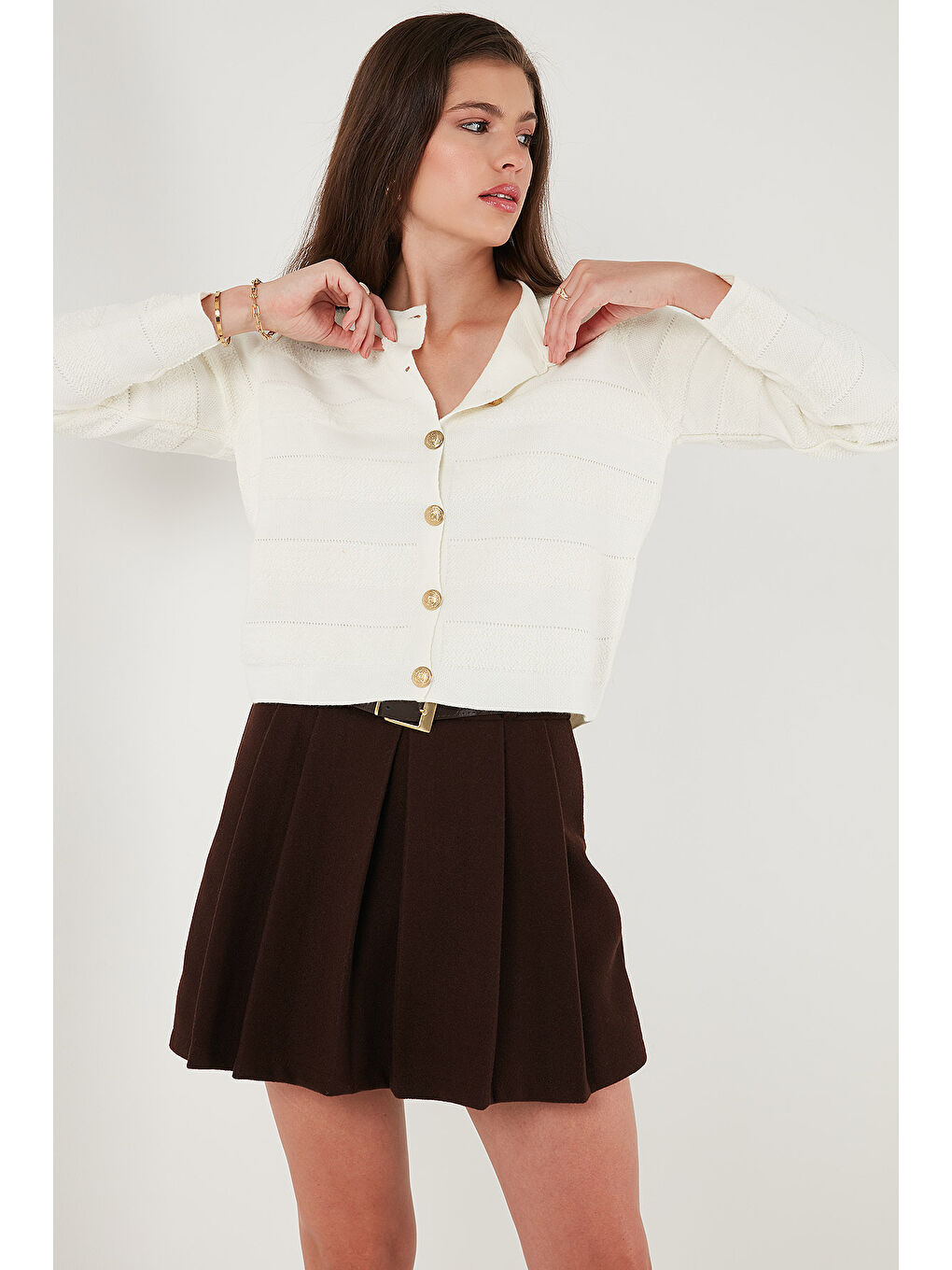 Ekru Premium Regular Fit Bisiklet Yaka Düğmeli Dokulu Triko Hırka 680HI00337-5