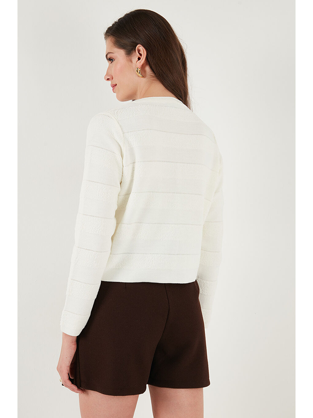 Ekru Premium Regular Fit Bisiklet Yaka Düğmeli Dokulu Triko Hırka 680HI00337-6