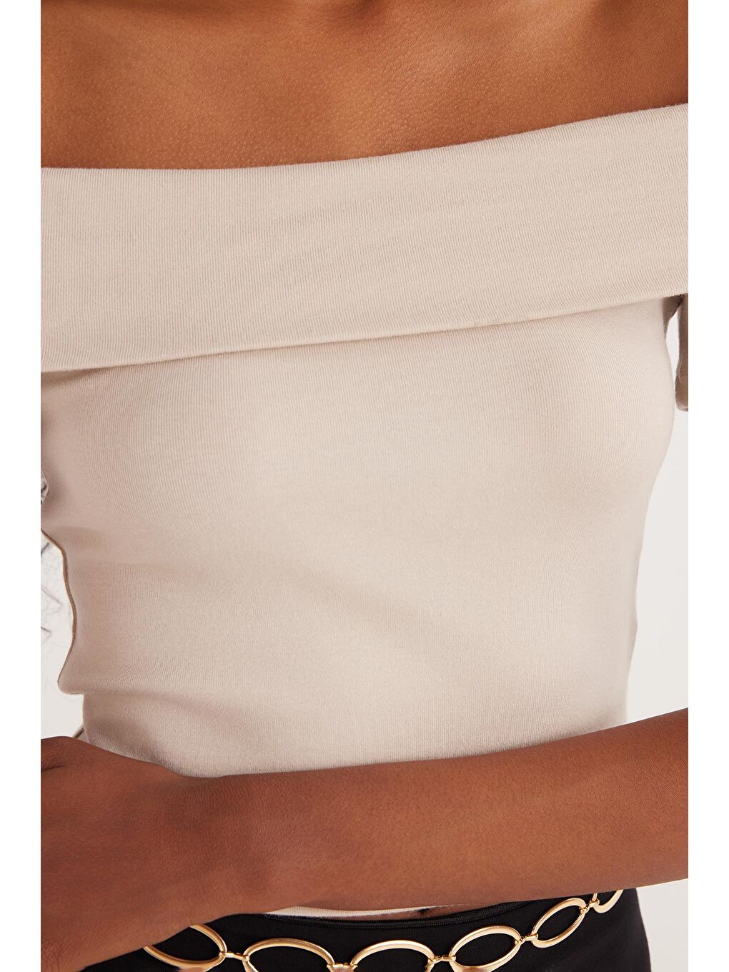 Bej Kadın Standart Fit Normal Kesim Taş Straplez Bluz-2