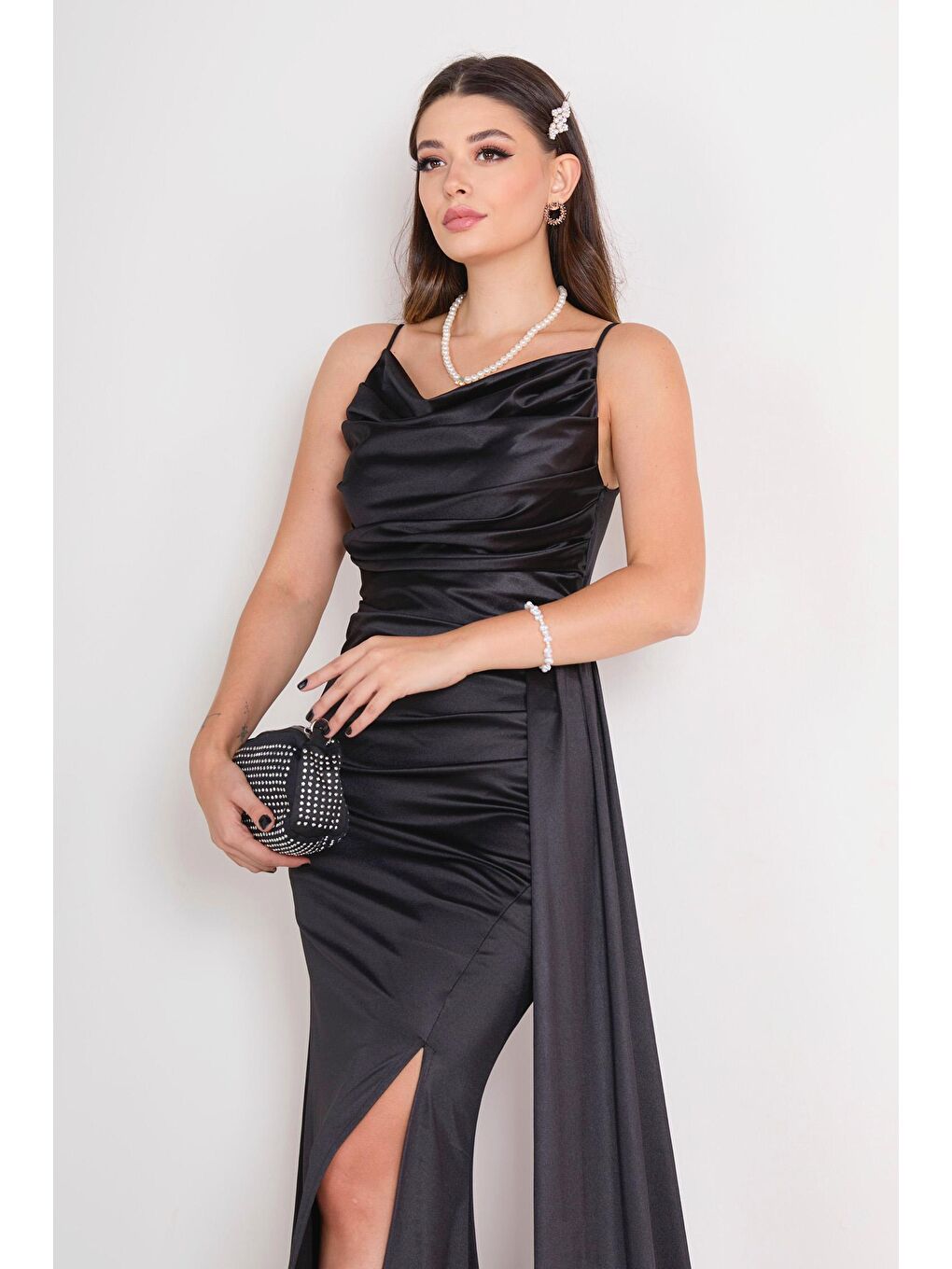 Orta Kadın Siyah Abiye Elbise - 23149-3