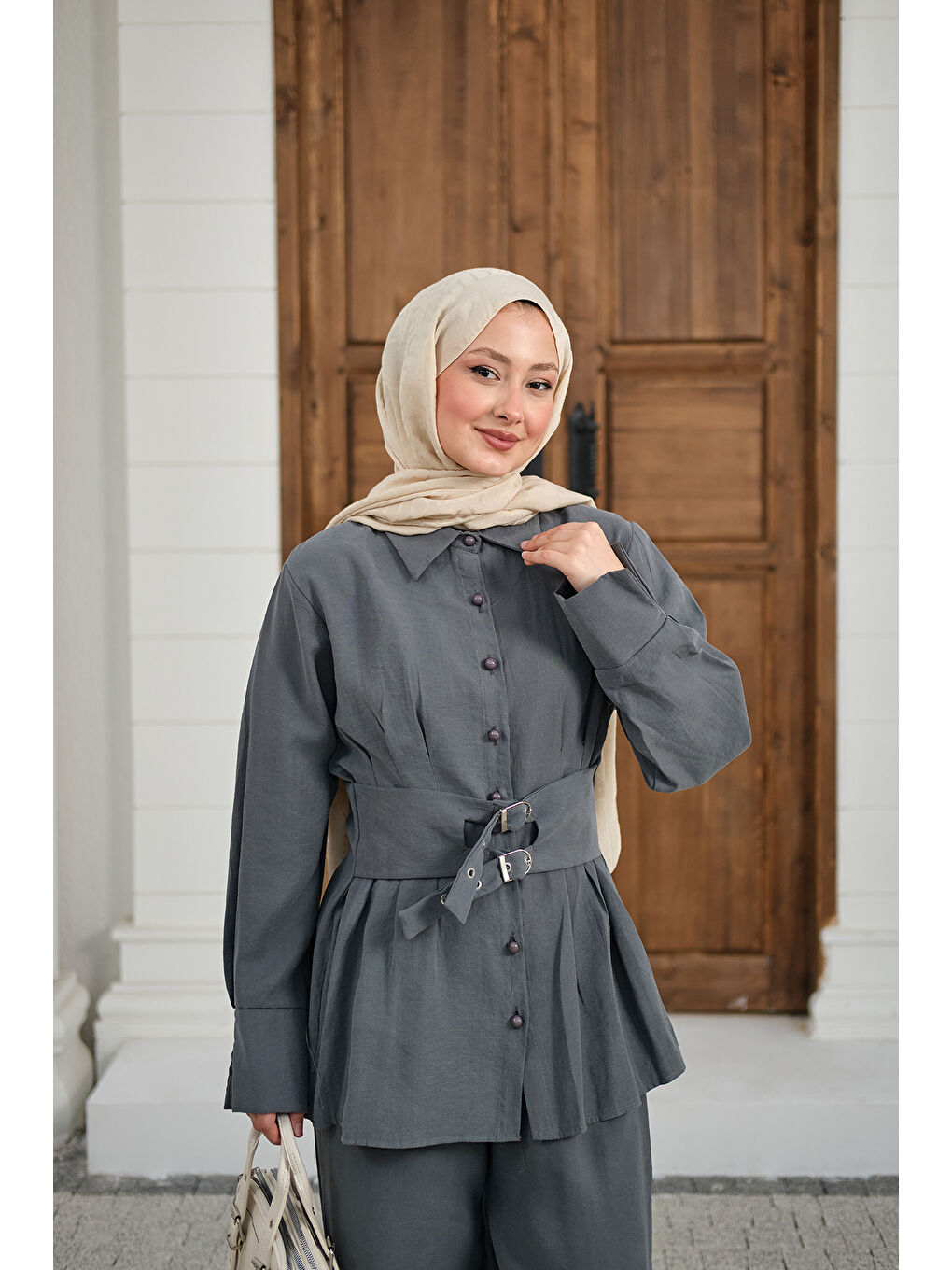 Kadın Beli Pile Detay İki Kemerli Gömlek Yaka Takım Gri-2