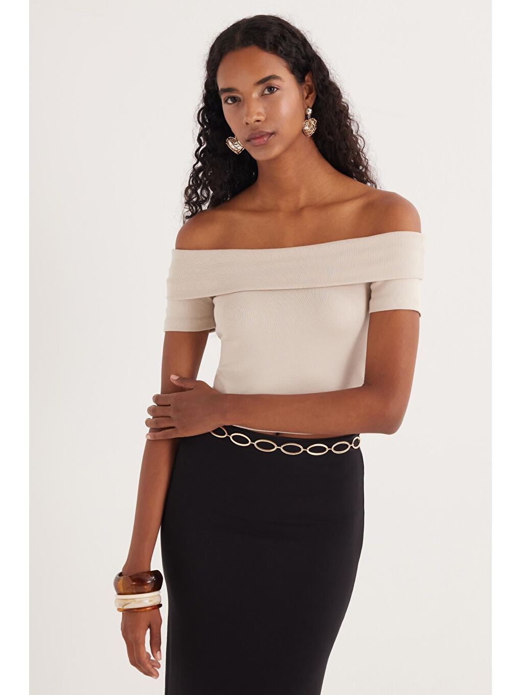 Bej Kadın Standart Fit Normal Kesim Taş Straplez Bluz-4