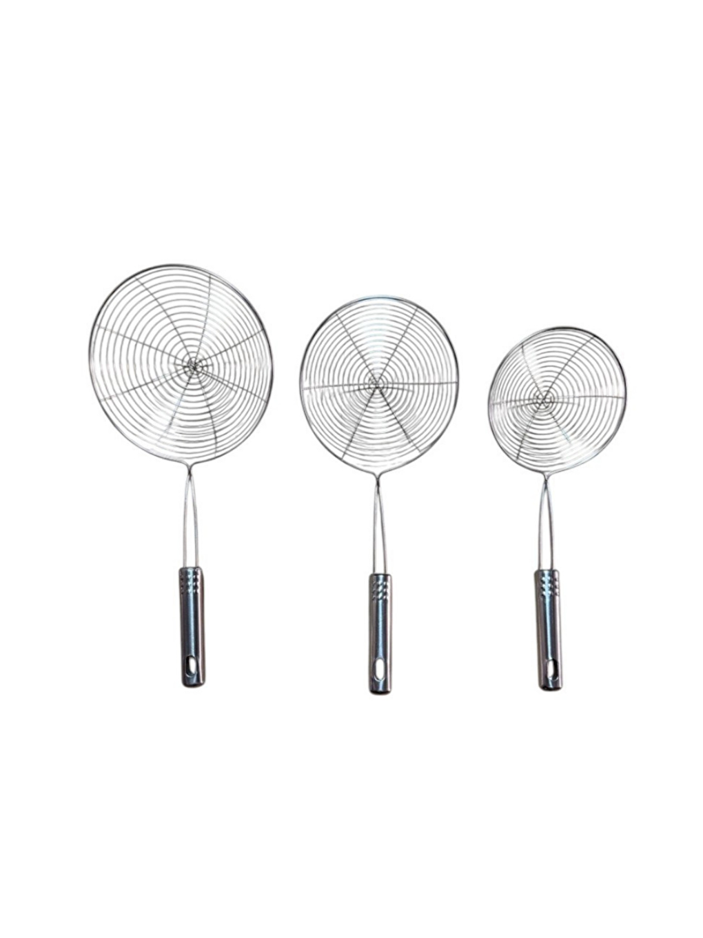 Gri Metal Saplı Kevgir 18-16-14 Cm Çap -Üç Boy Kevgir Seti