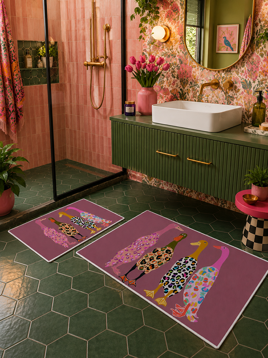 Pembe Leopar Kadın Figürlü Kaymaz Taban Banyo Paspası 2’li Set Dekoratif Banyo Halısı-1