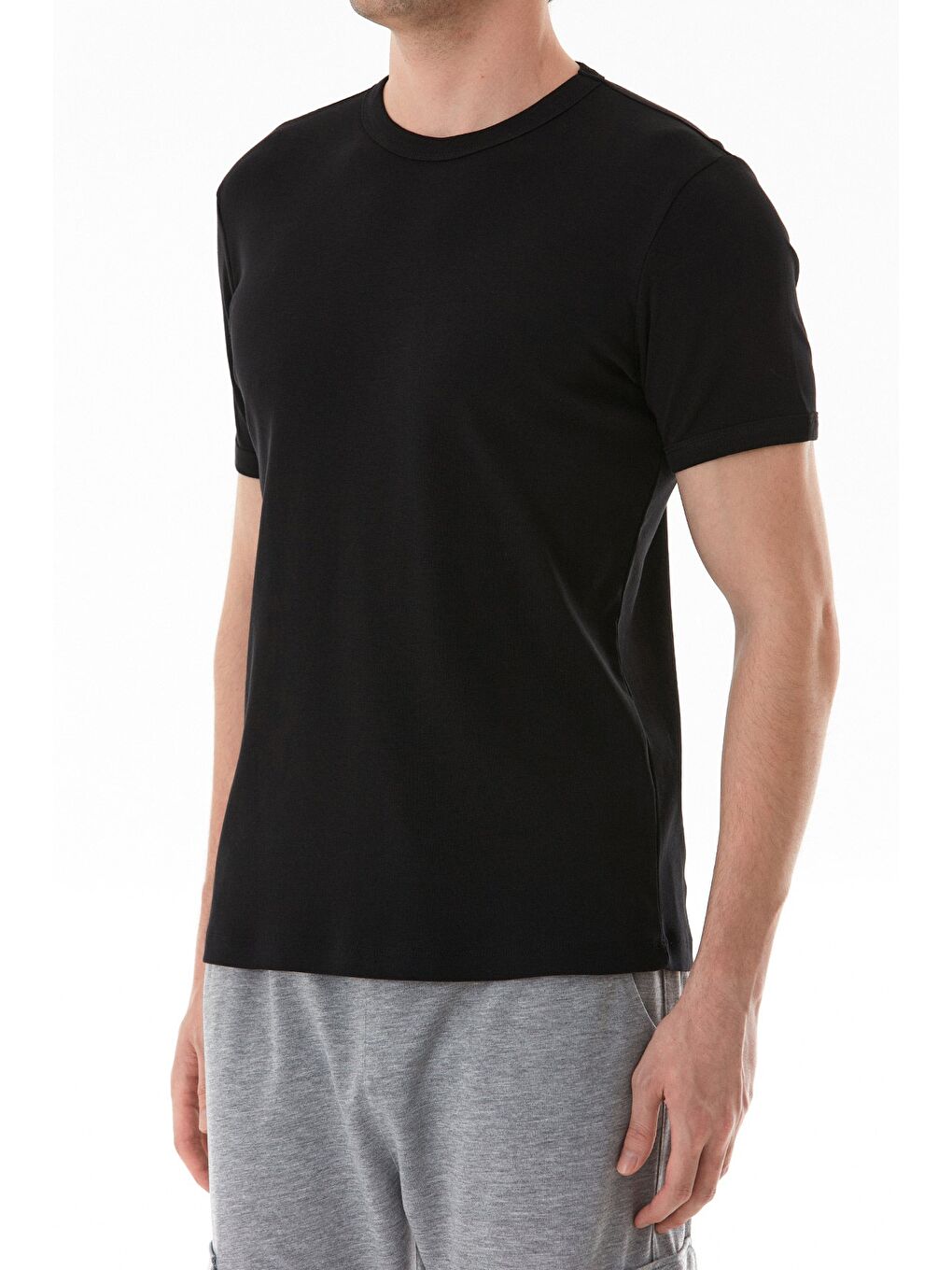 Siyah Basic Bisiklet Yaka Ribanalı Tişört-4