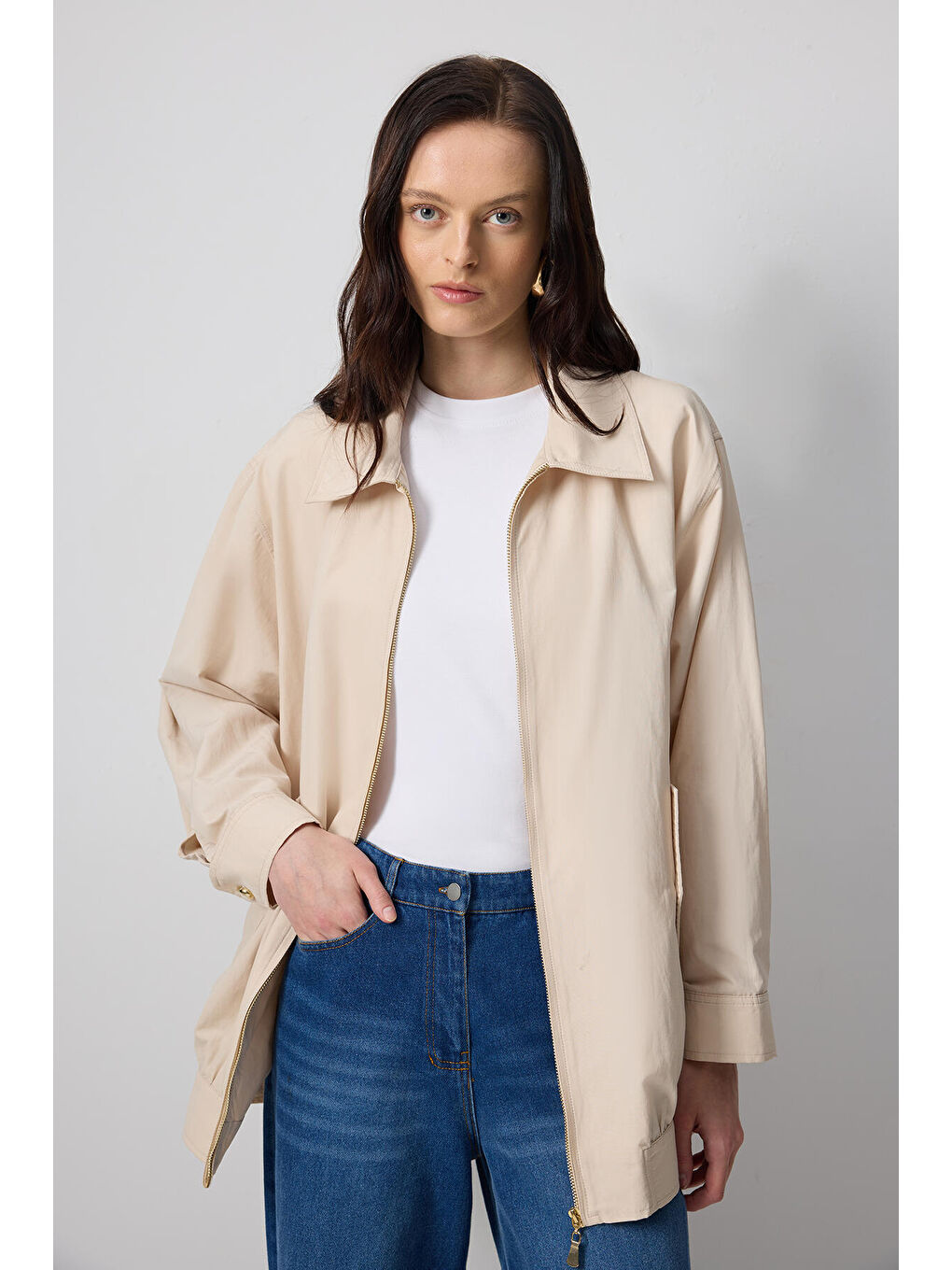 Ekru Fermuarlı Gömlek Yaka Ceket-2