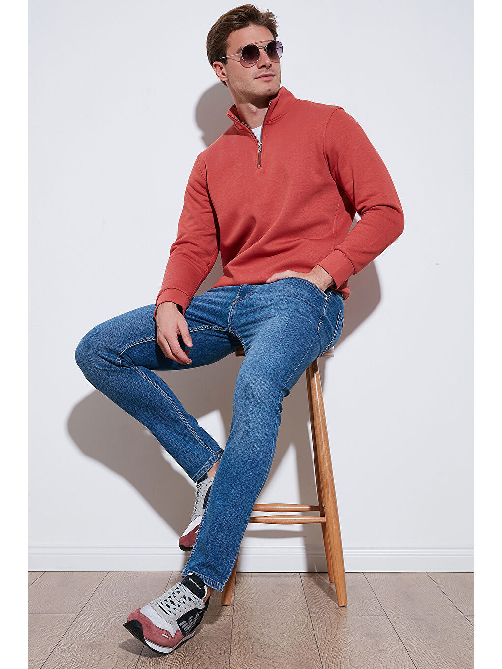 Kırmızı Pamuklu Regular Fit Yarım Fermuarlı Dik Yaka Erkek Sweat 59052592-1