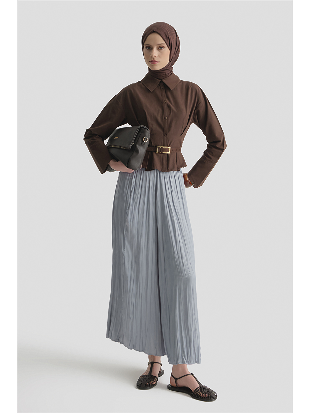 Kırışık Efektli Saten Etek Mavi-1