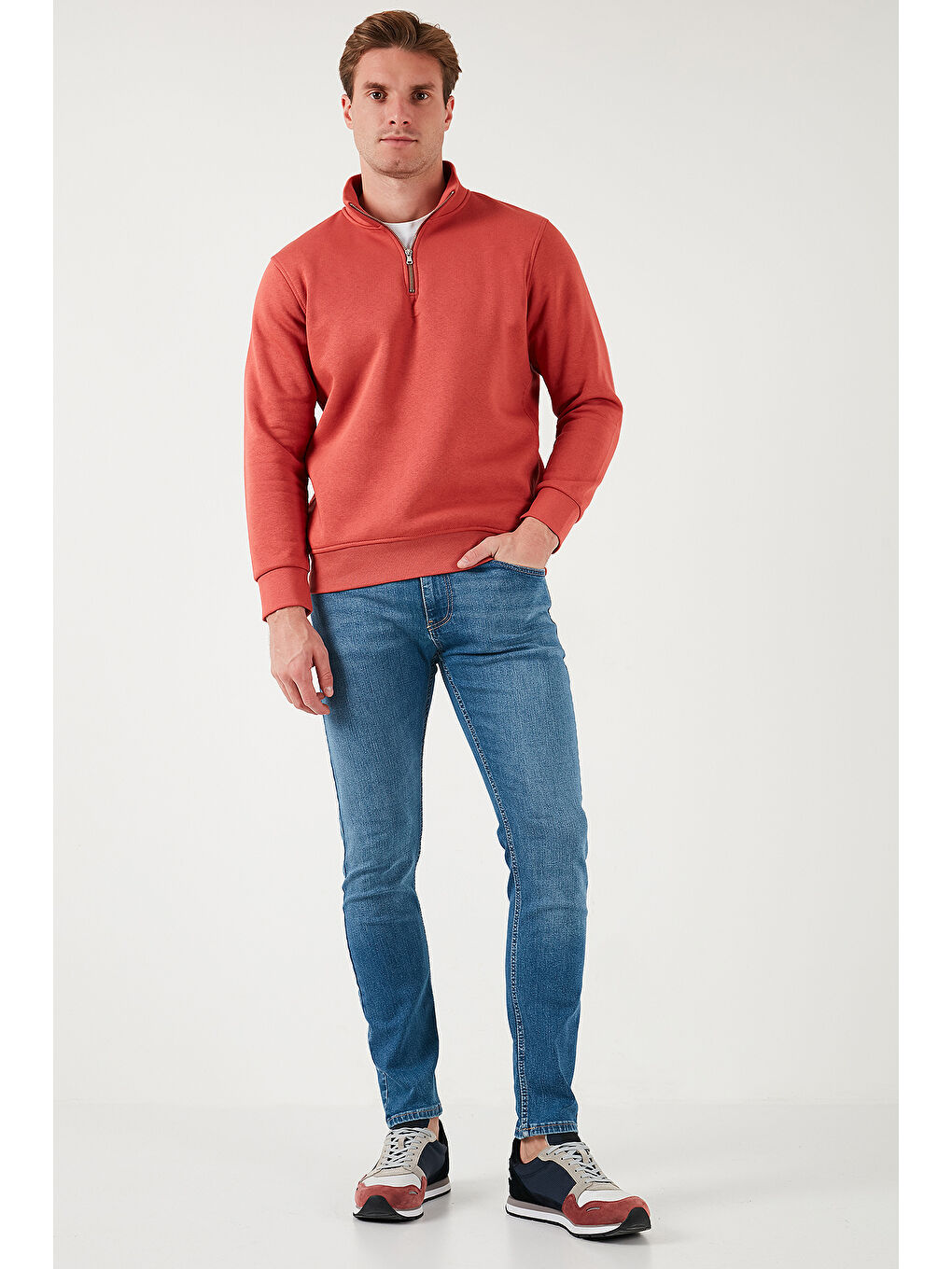 Kırmızı Pamuklu Regular Fit Yarım Fermuarlı Dik Yaka Erkek Sweat 59052592-2