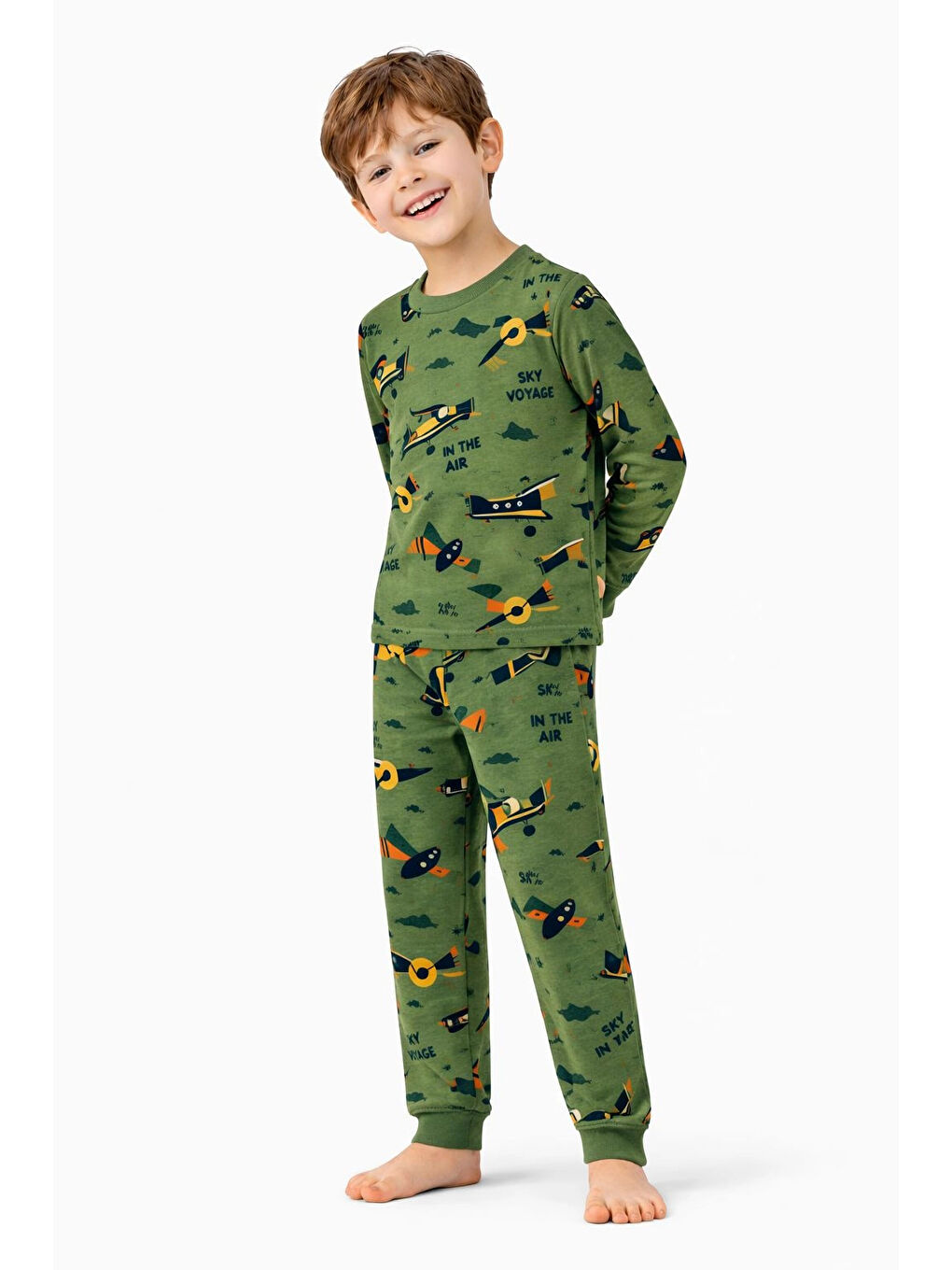 Yeşil Uçak Desenli Erkek Çocuk Pijama Takımı 51534