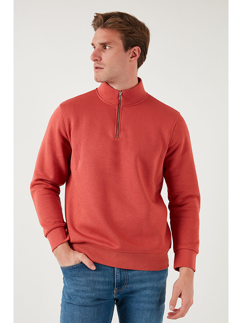 Kırmızı Pamuklu Regular Fit Yarım Fermuarlı Dik Yaka Erkek Sweat 59052592-4