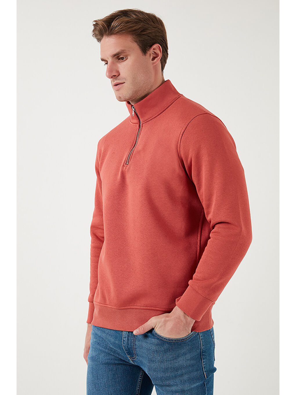 Kırmızı Pamuklu Regular Fit Yarım Fermuarlı Dik Yaka Erkek Sweat 59052592-5