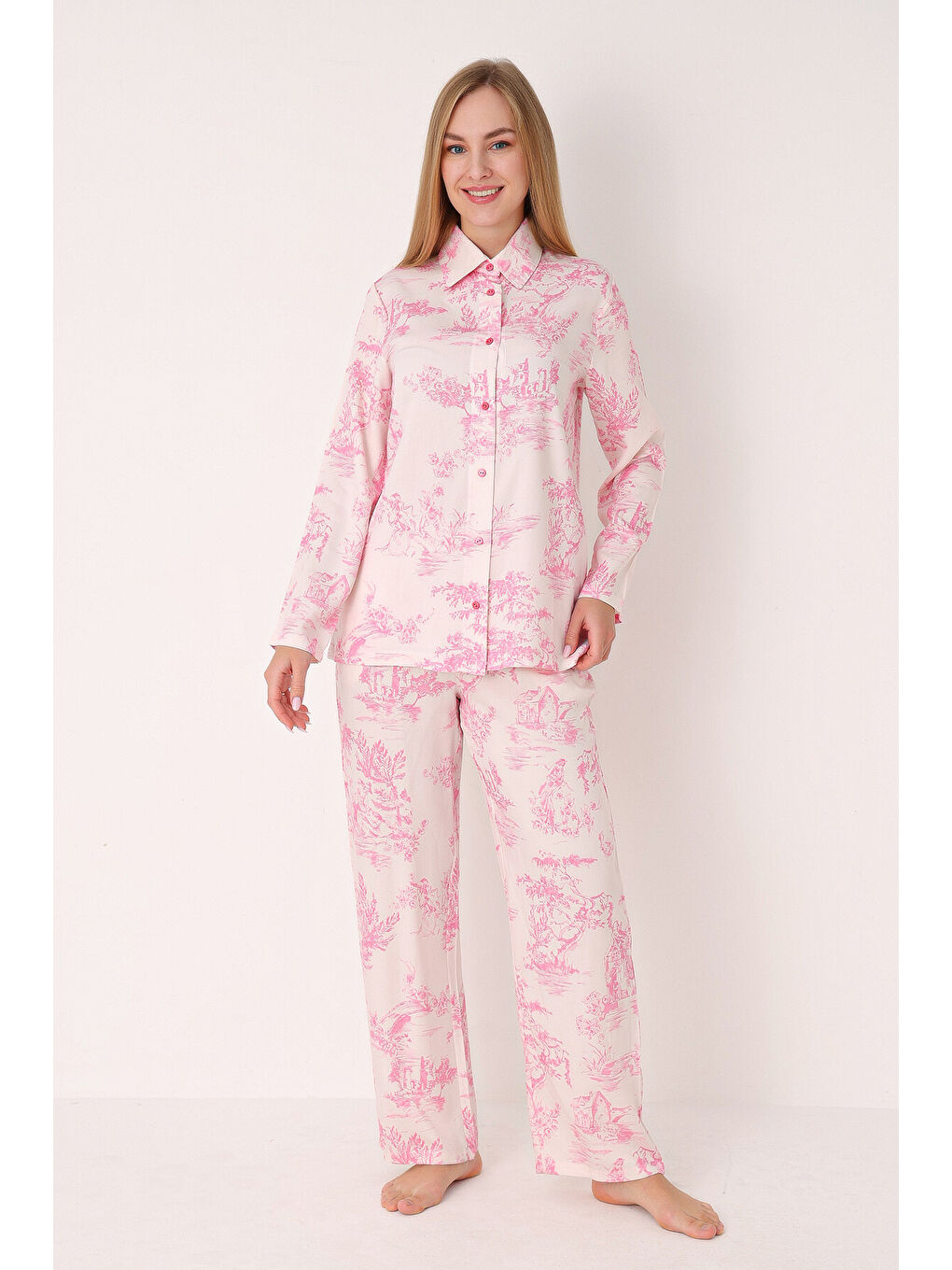 Pembe Önden Düğmeli Pijama Takım-1