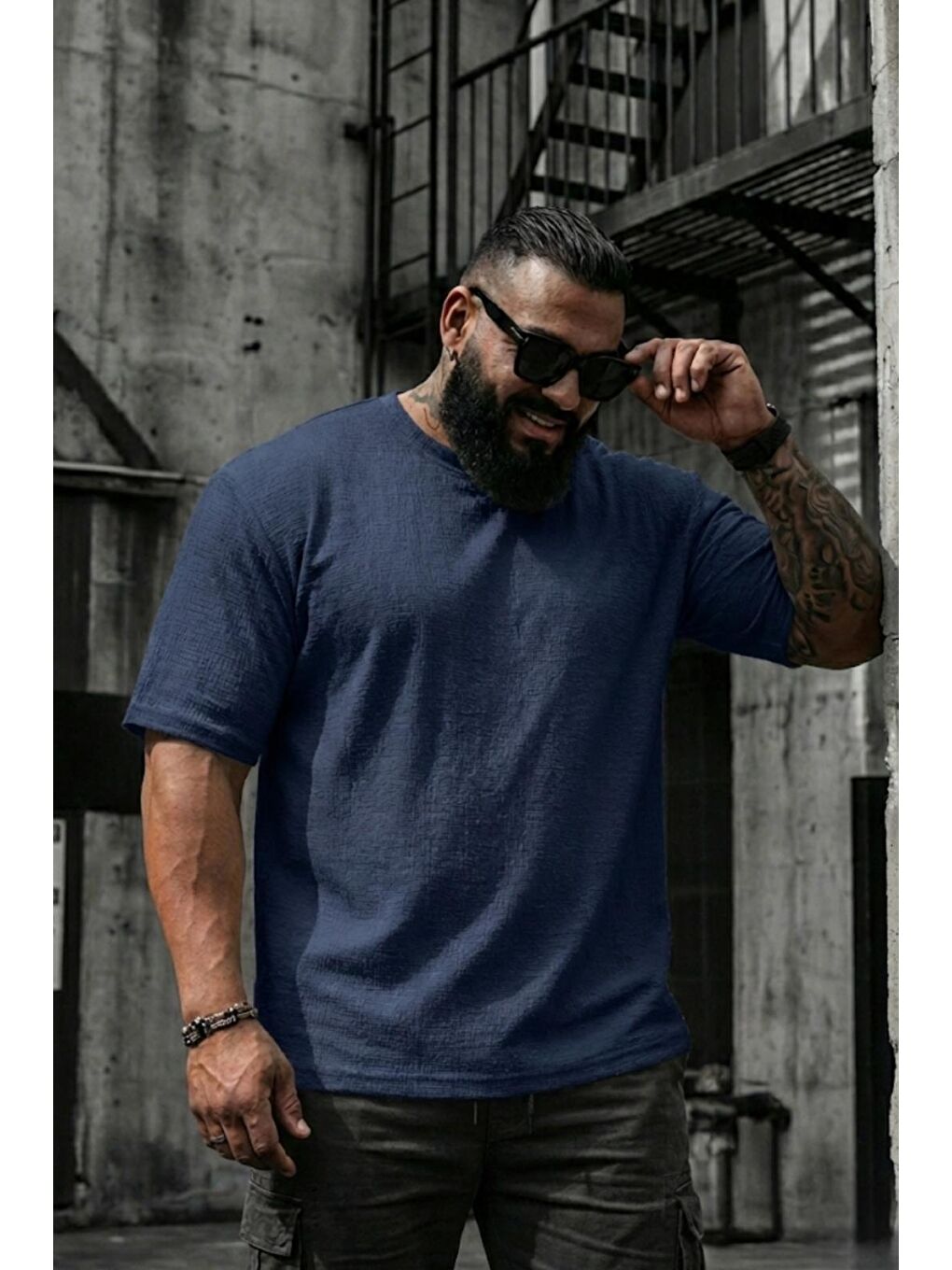 Mavi Kabuk Desen Elastanlı Erkek Büyük Beden Gofre (Kabartma) Dokulu T-Shirt