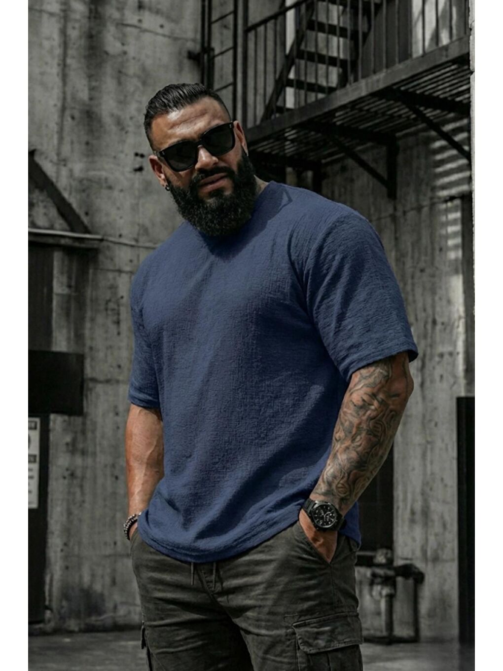 Mavi Kabuk Desen Elastanlı Erkek Büyük Beden Gofre (Kabartma) Dokulu T-Shirt-1