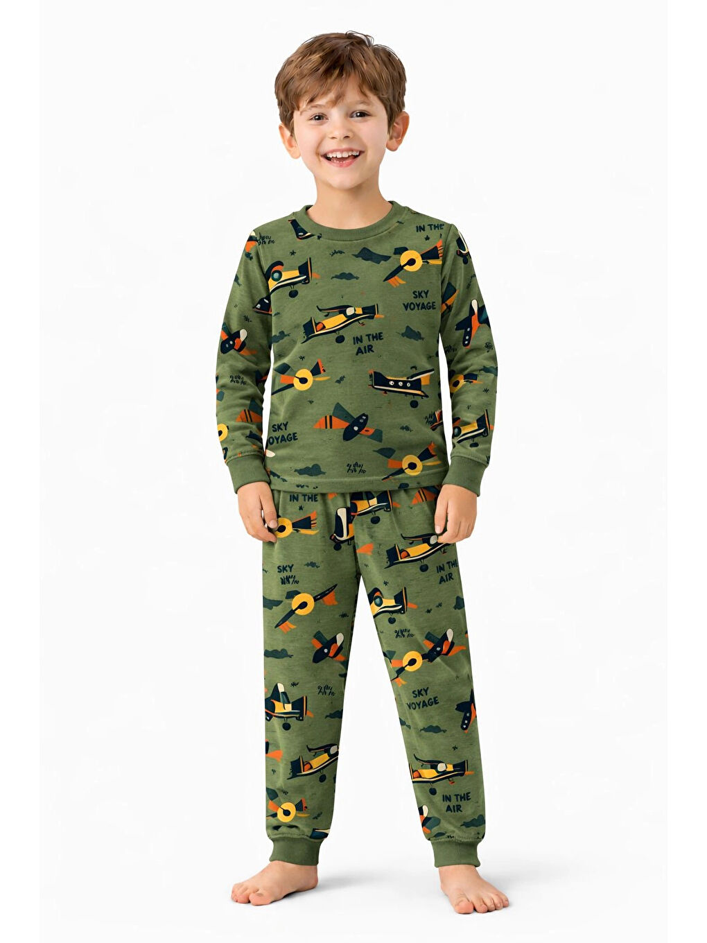 Yeşil Uçak Desenli Erkek Çocuk Pijama Takımı 51534-1