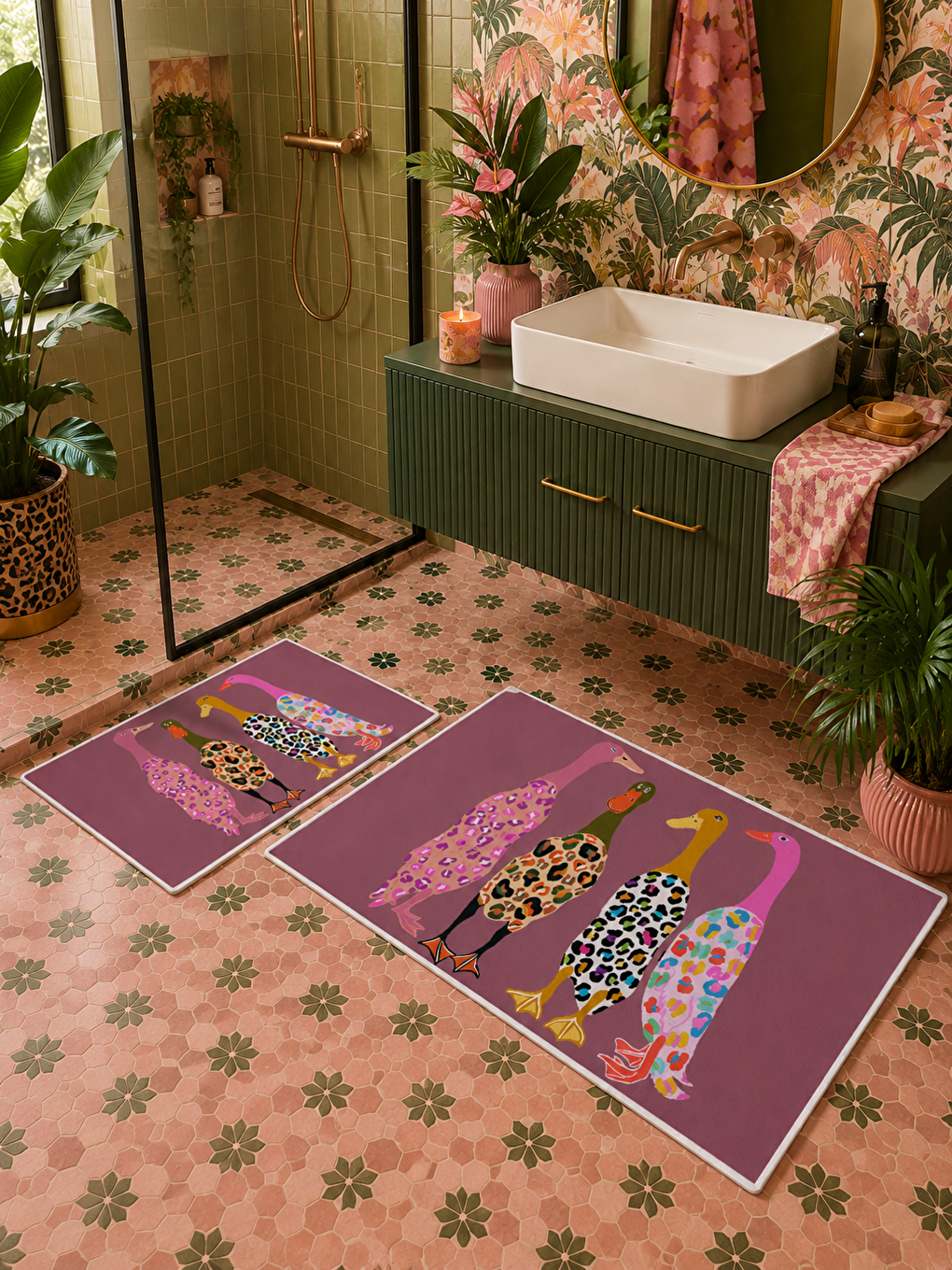 Pembe Leopar Kadın Figürlü Kaymaz Taban Banyo Paspası 2’li Set Dekoratif Banyo Halısı-2