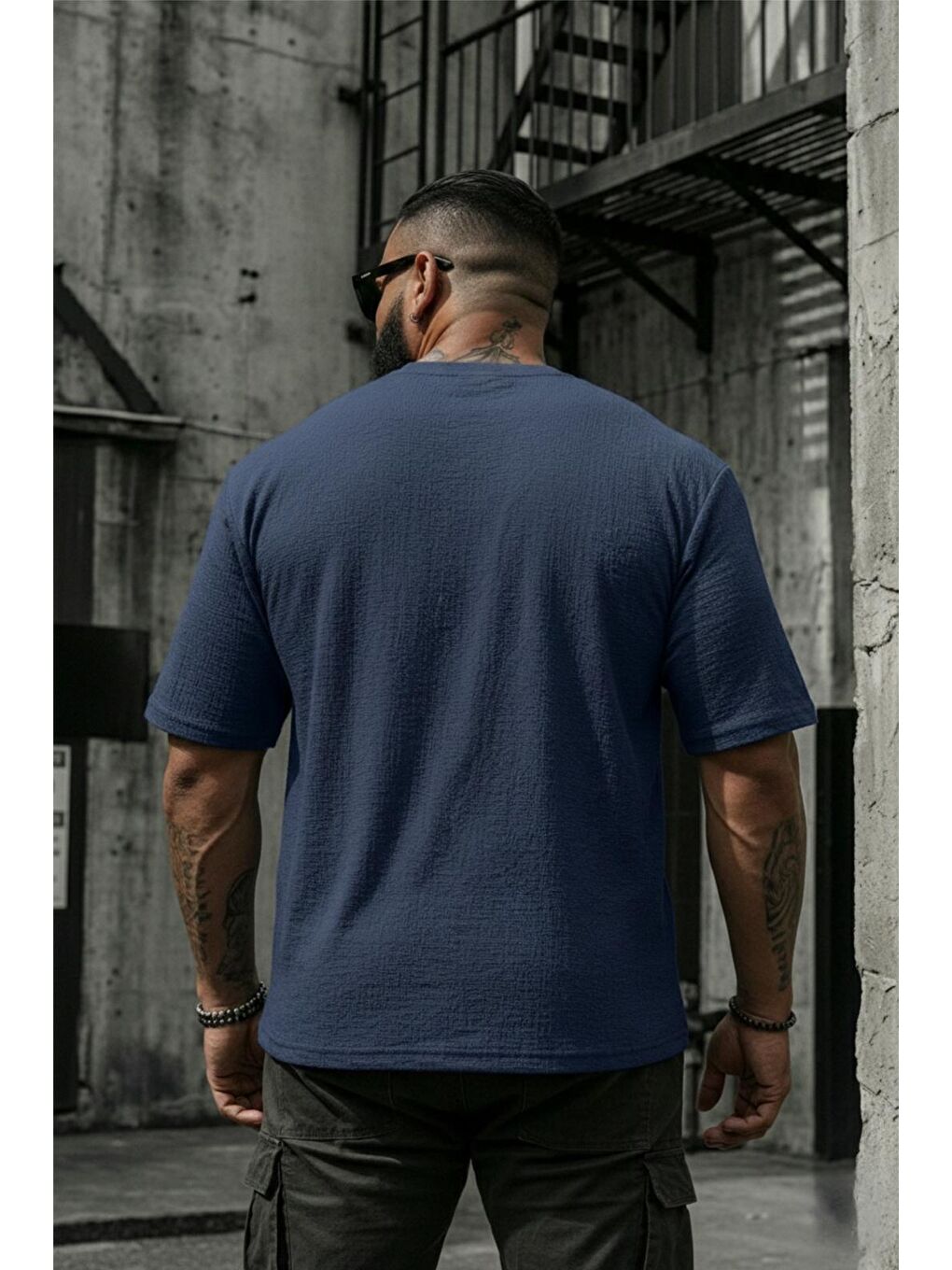 Mavi Kabuk Desen Elastanlı Erkek Büyük Beden Gofre (Kabartma) Dokulu T-Shirt-2