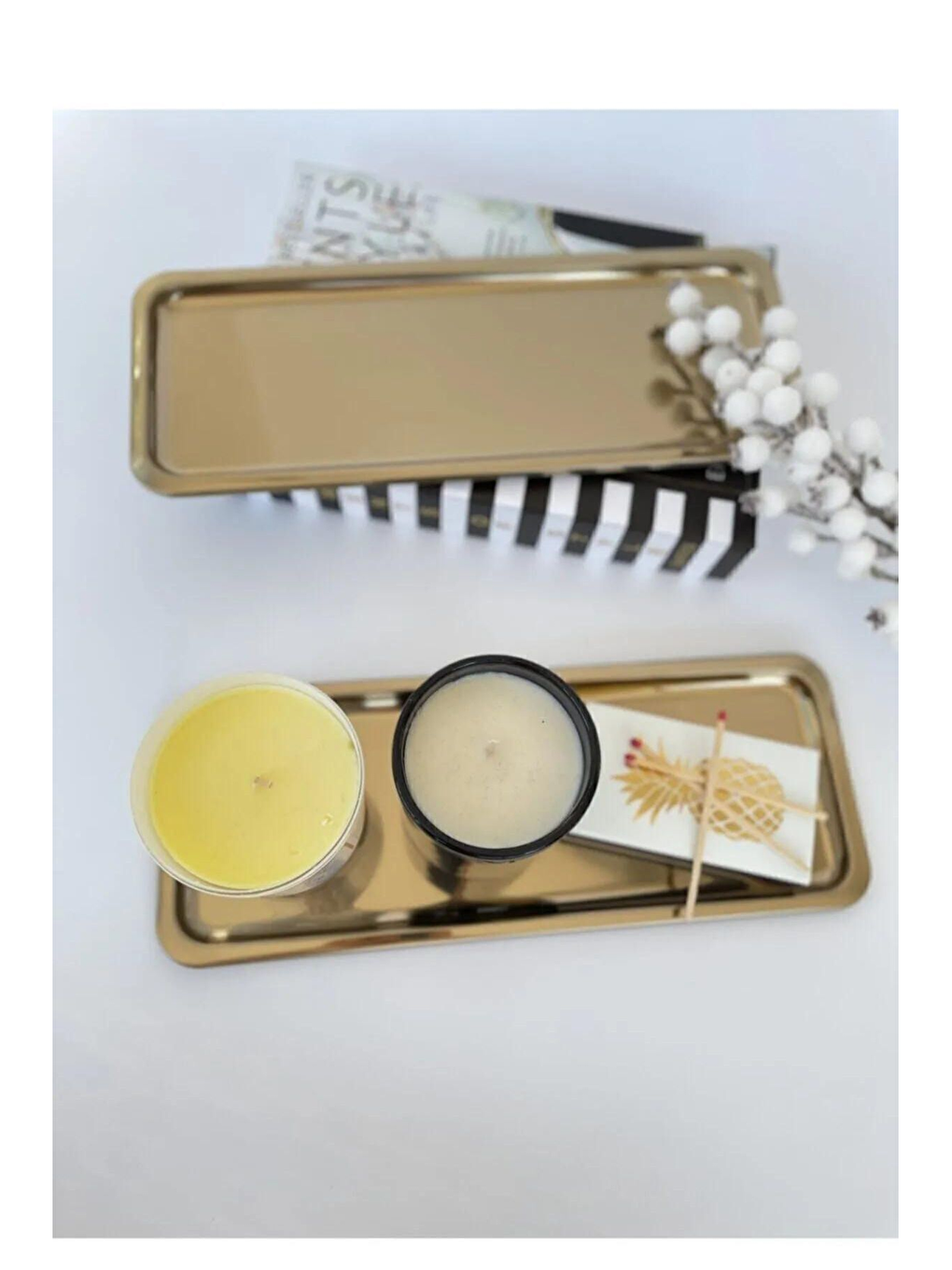 Sarı Paslanmaz Çelik Gold Renk Dikdörtgen Dar Metal Düz Sunum Tepsisi Çay Kahve Tatlı Sunum 1 Adet-2