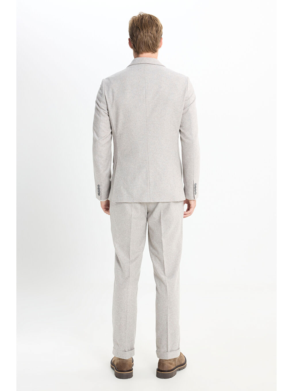 Bej Erkek Taş Yünlü Slim Fit Dar Kesim Kırlangıç Yaka Kapak Cepli Kruvaze Takım Elbise-7