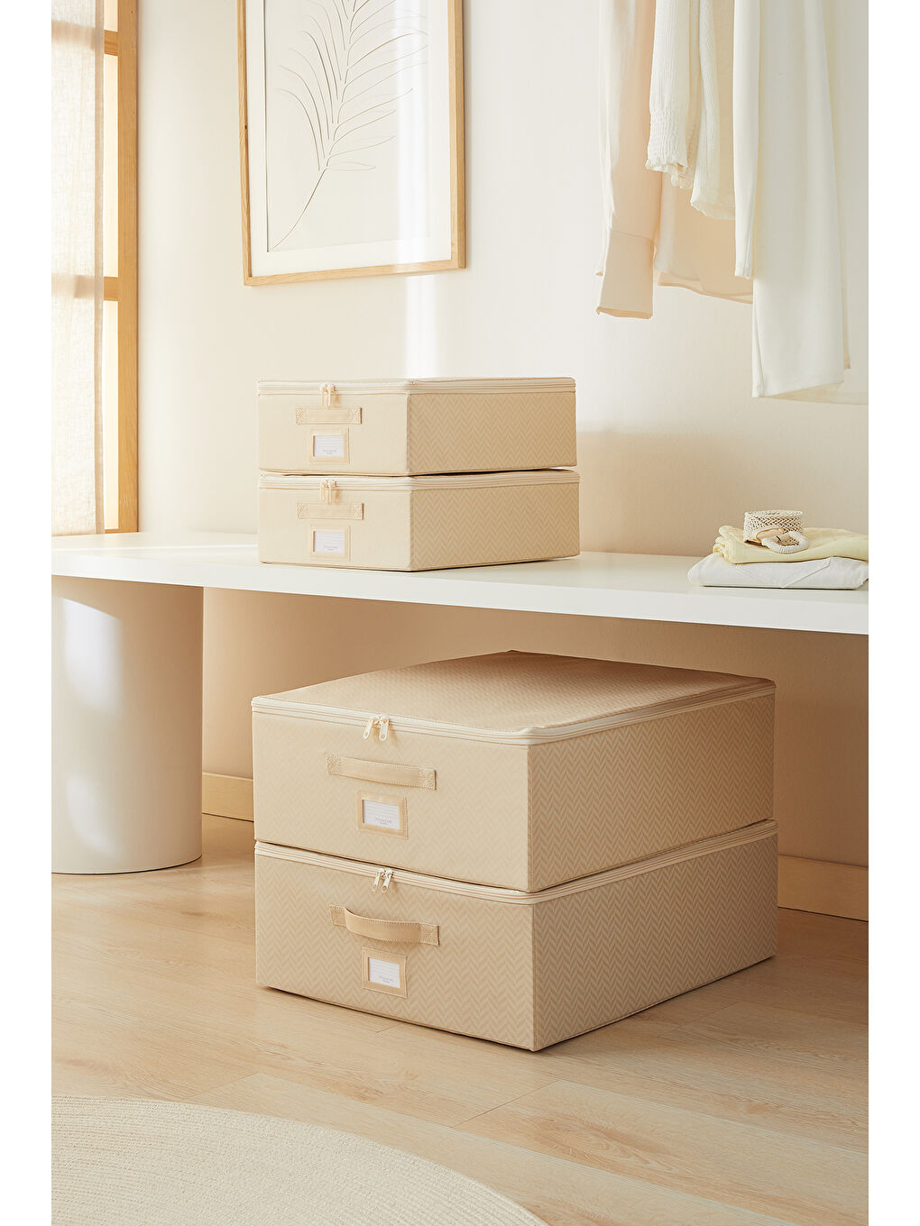 4'lü Bej Balıksırtı Destekli Hurç Set 2 Adet 31 x 38 x 12 + 45 x 55 x 18 cm