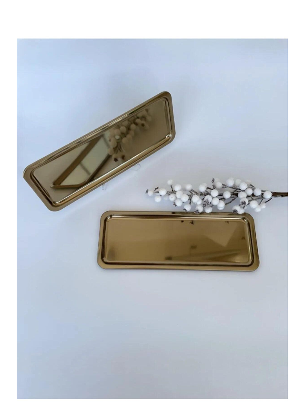 Sarı Paslanmaz Çelik Gold Renk Dikdörtgen Dar Metal Düz Sunum Tepsisi Çay Kahve Tatlı Sunum 1 Adet-3