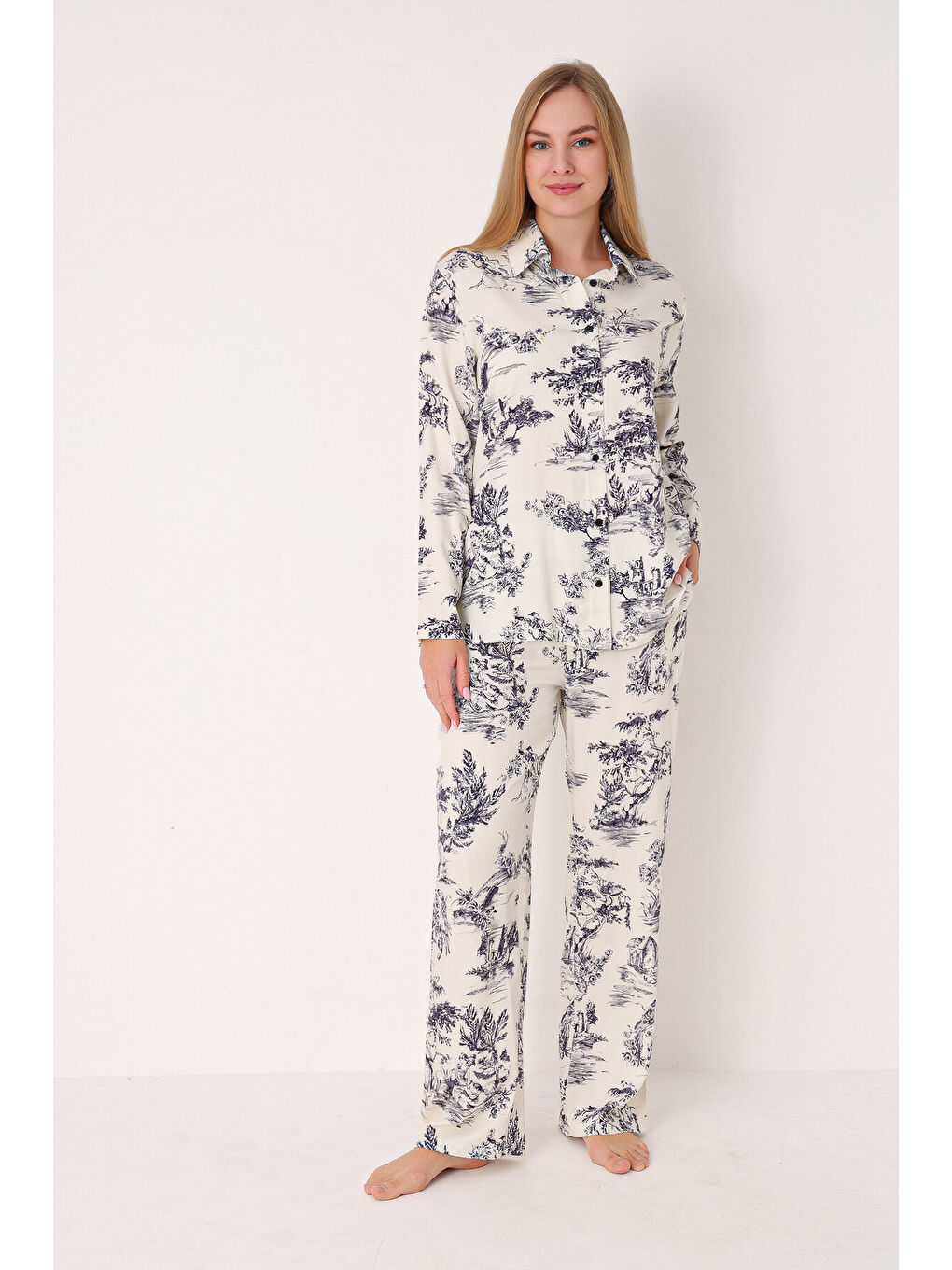 Lacivert Önden Düğmeli Pijama Takım