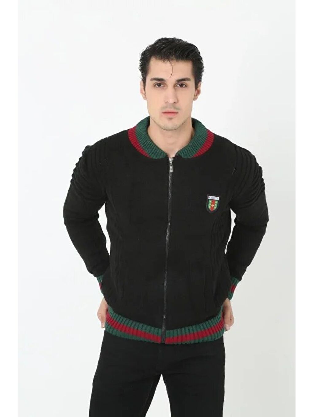 Erkek Tam Fermuarlı Triko Hırka - Siyah