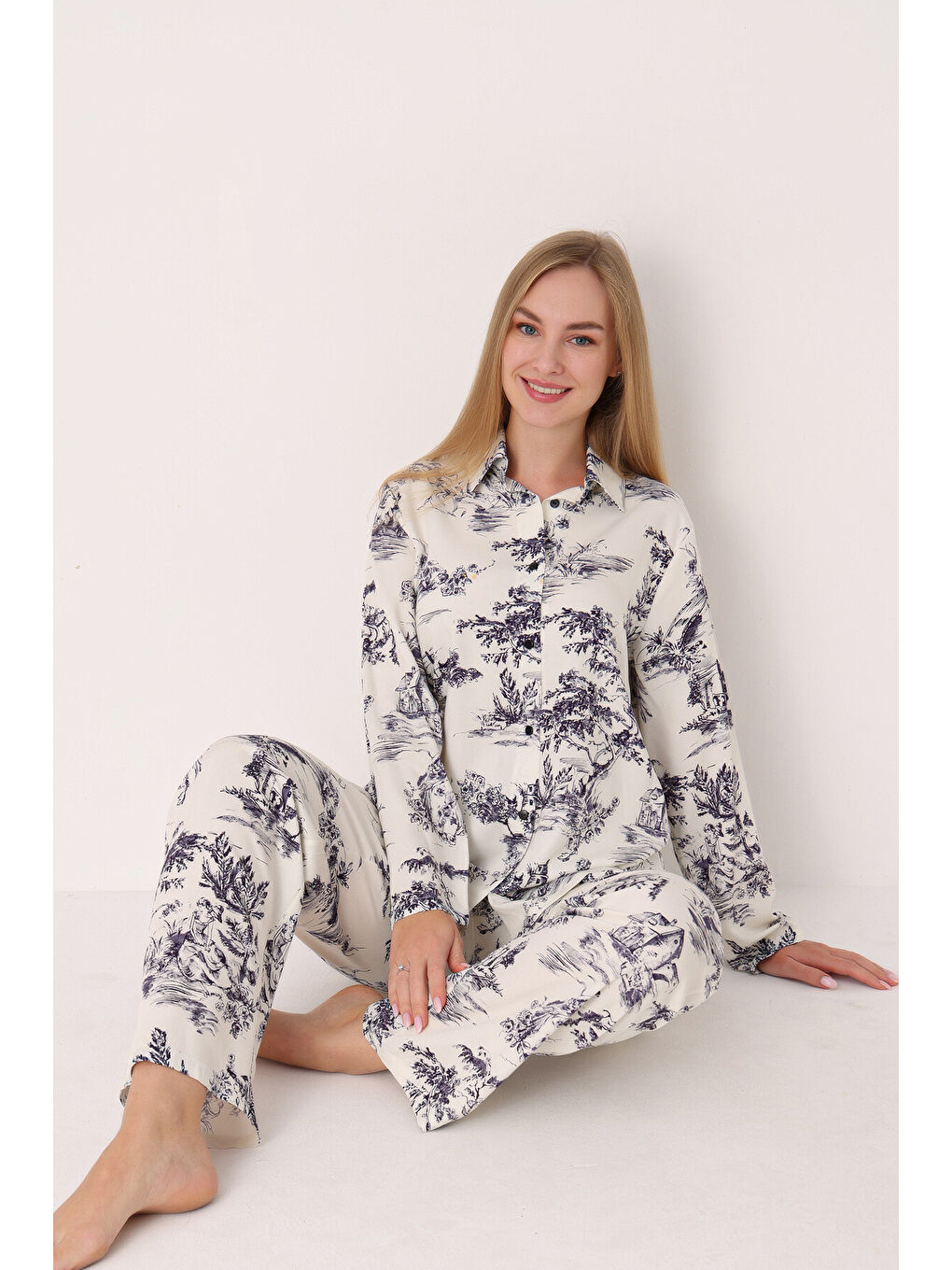 Lacivert Önden Düğmeli Pijama Takım-2