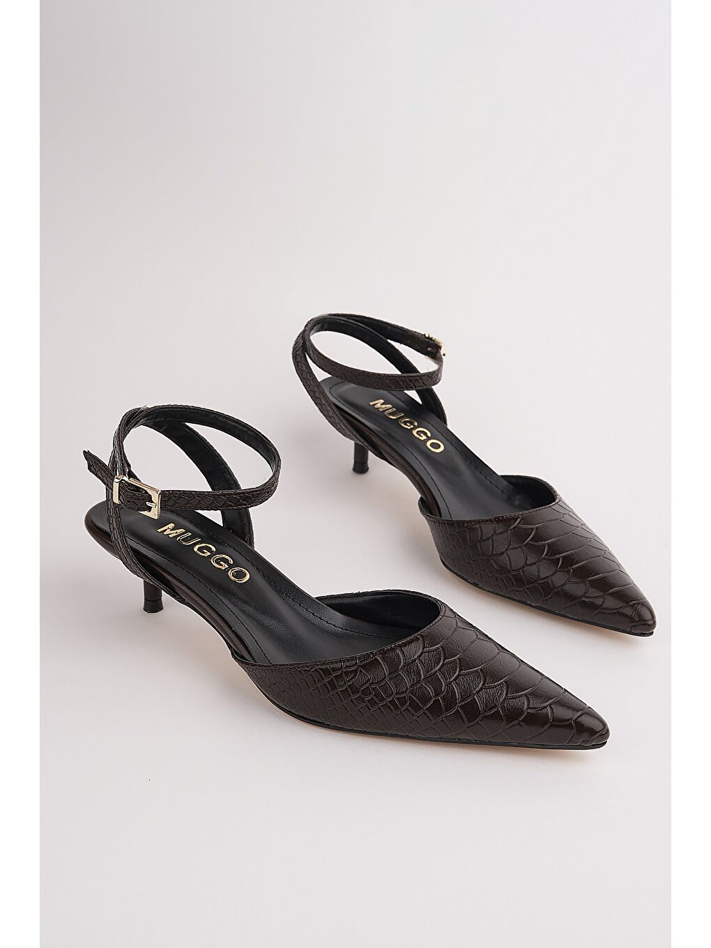 Kahverengi KİCK Kadın Kroko Desenli Sivri Burun İnce Topuklu Bilekten Bağlamalı Ayakkabı