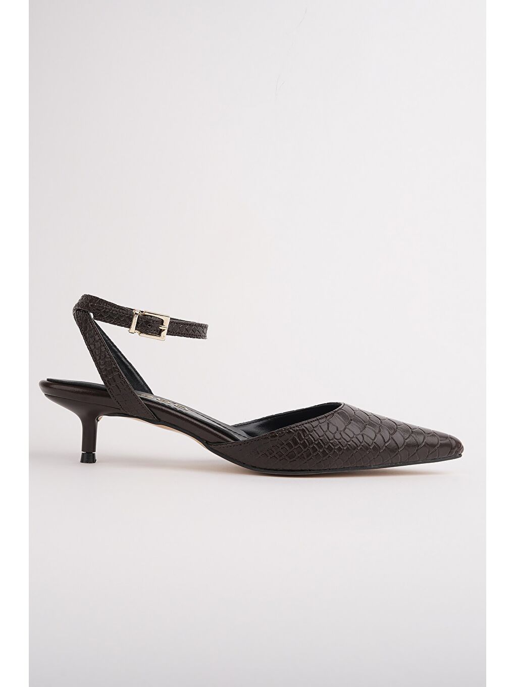 Kahverengi KİCK Kadın Kroko Desenli Sivri Burun İnce Topuklu Bilekten Bağlamalı Ayakkabı-1