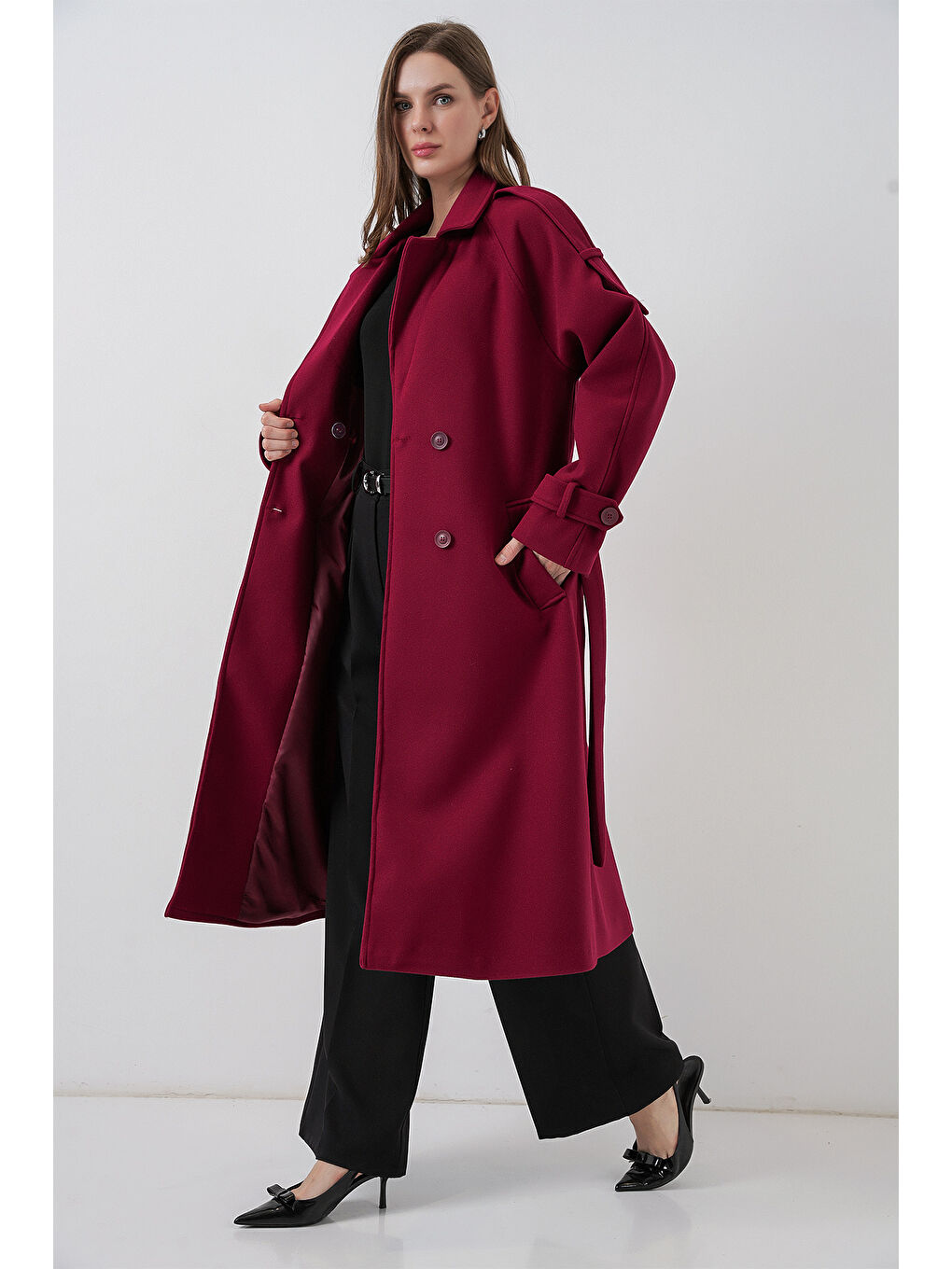 Kadın Kuşaklı Kaşe Kaban 9161 - Kırmızı-2