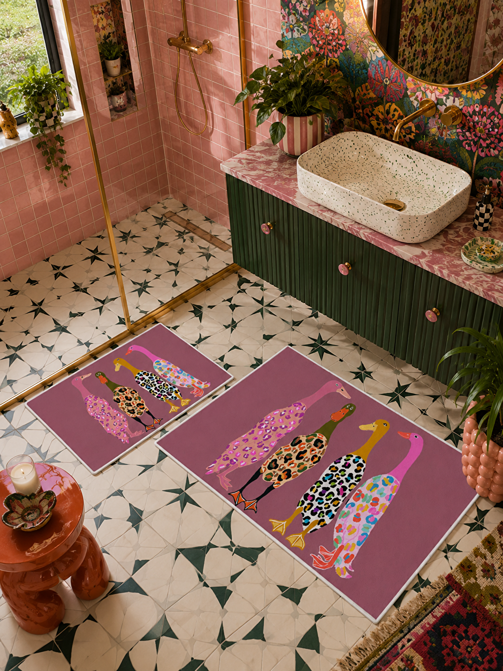 Pembe Leopar Kadın Figürlü Kaymaz Taban Banyo Paspası 2’li Set Dekoratif Banyo Halısı-3
